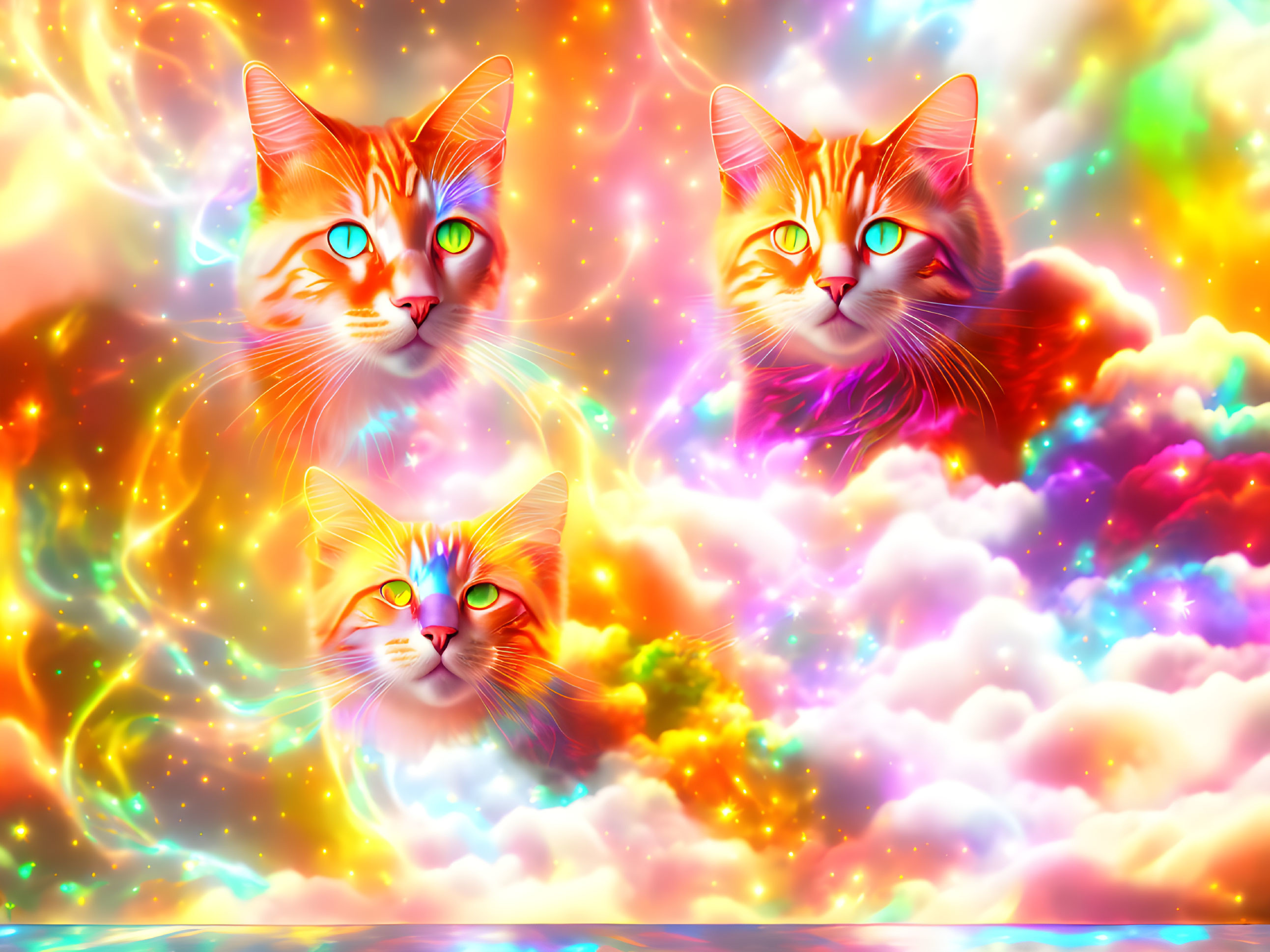 Colorful Cosmic Artwork: Three Glowing-Eyed Cats in Nebulae