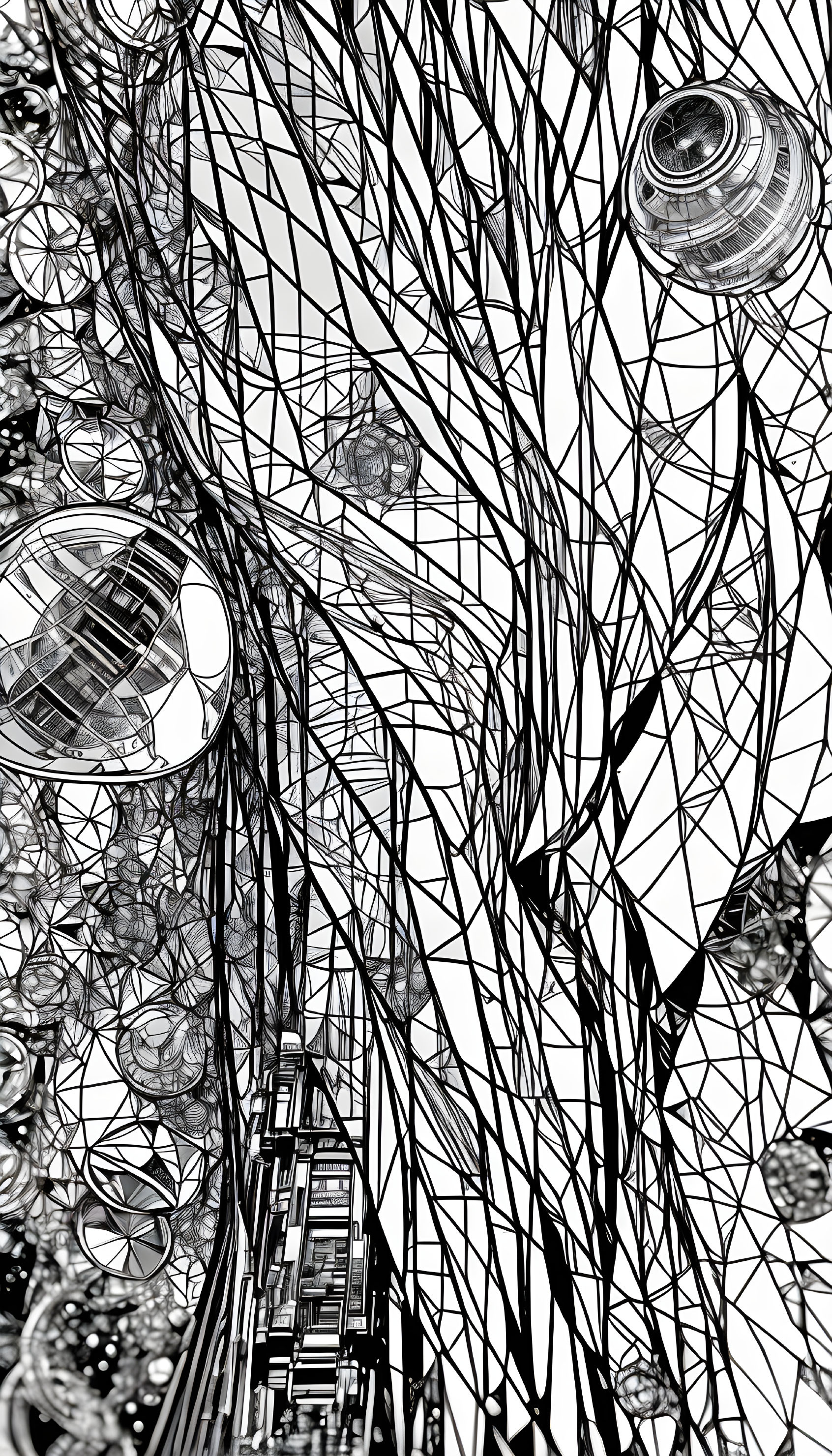 Monochrome abstract art with intricate patterns and spherical shapes