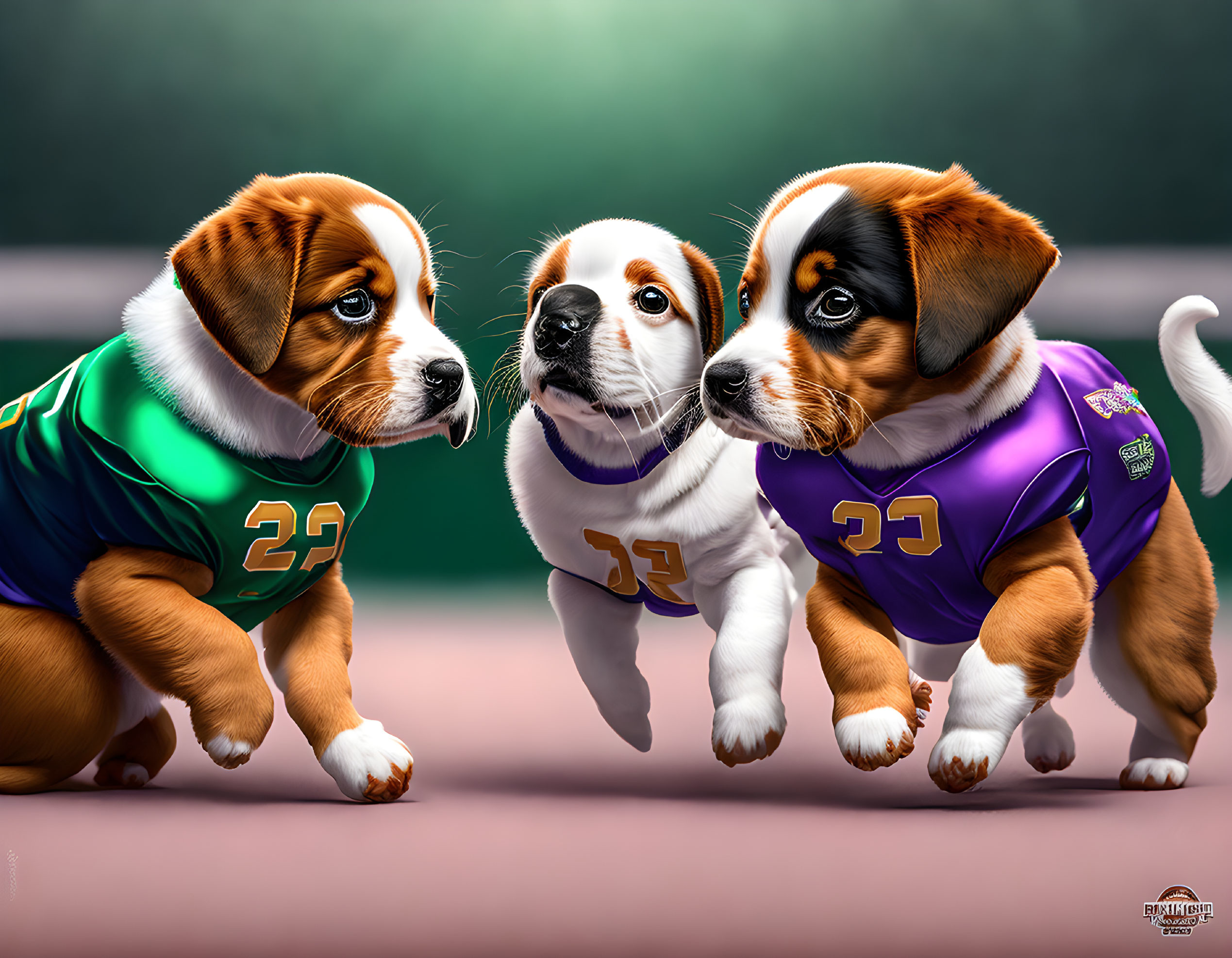 Three animated puppies in sports jerseys on a green background