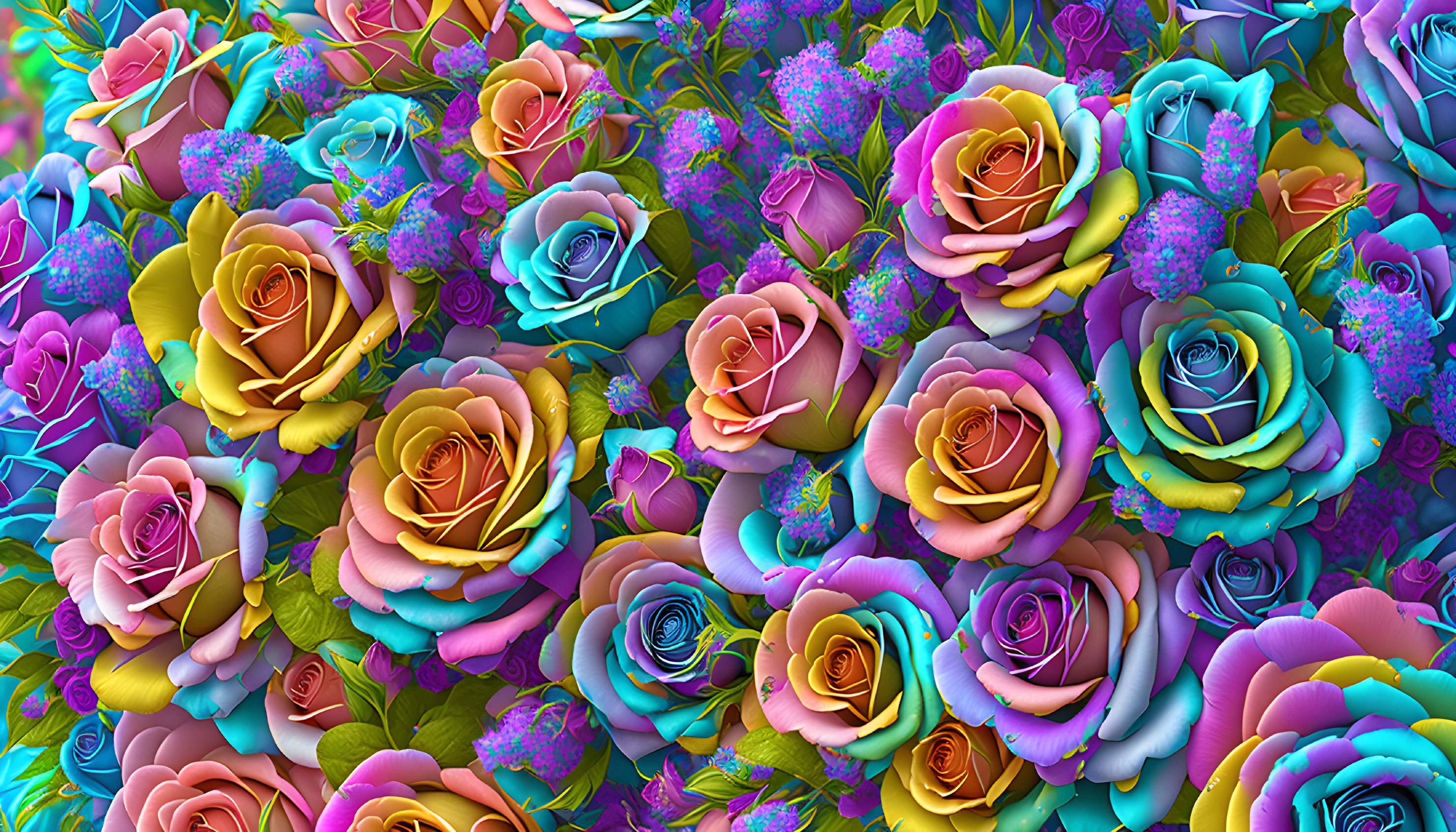 Multicolored Roses in Blue, Pink, Yellow & Purple with Lush Greenery