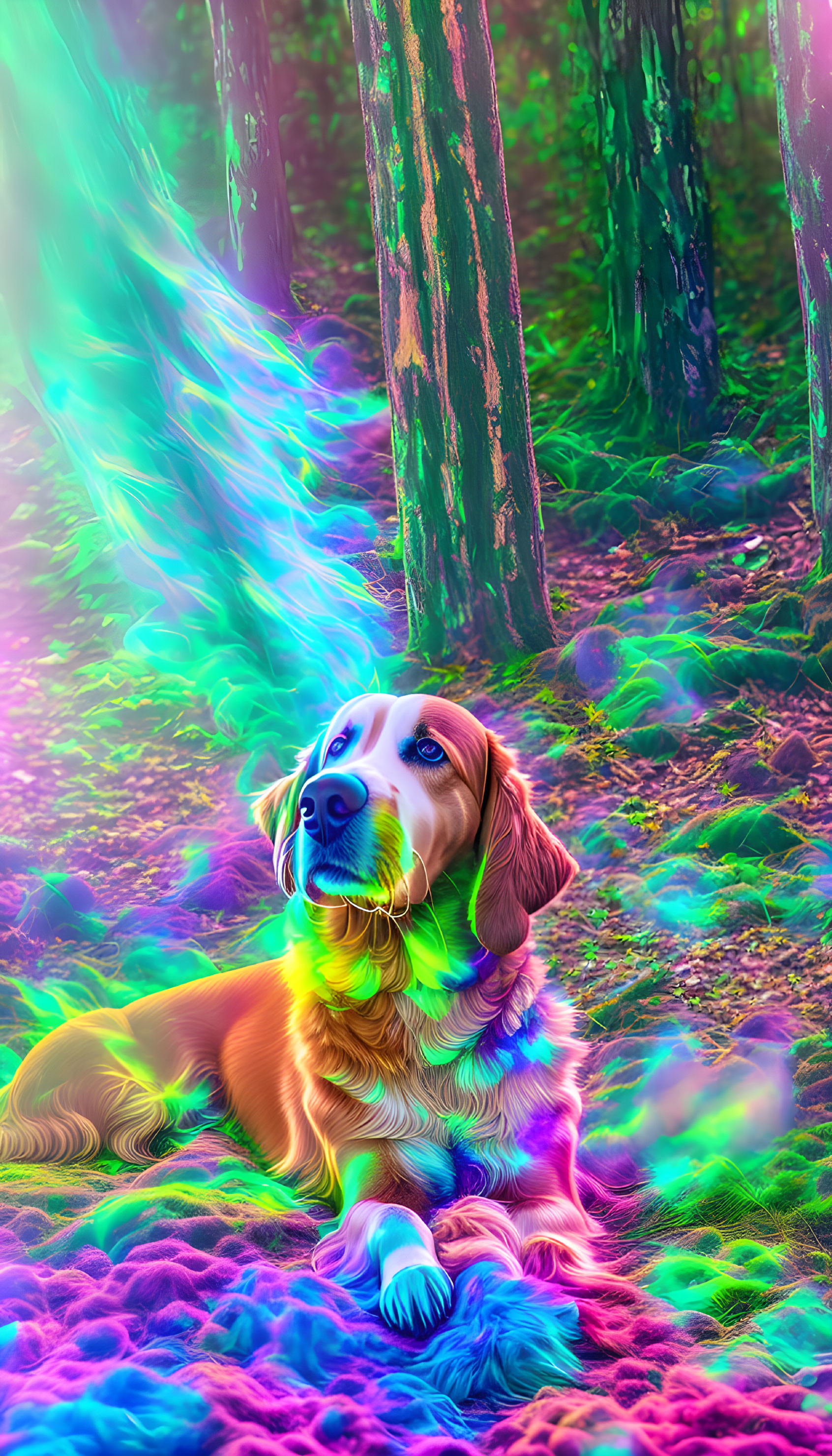 Colorful neon dog in surreal forest scene