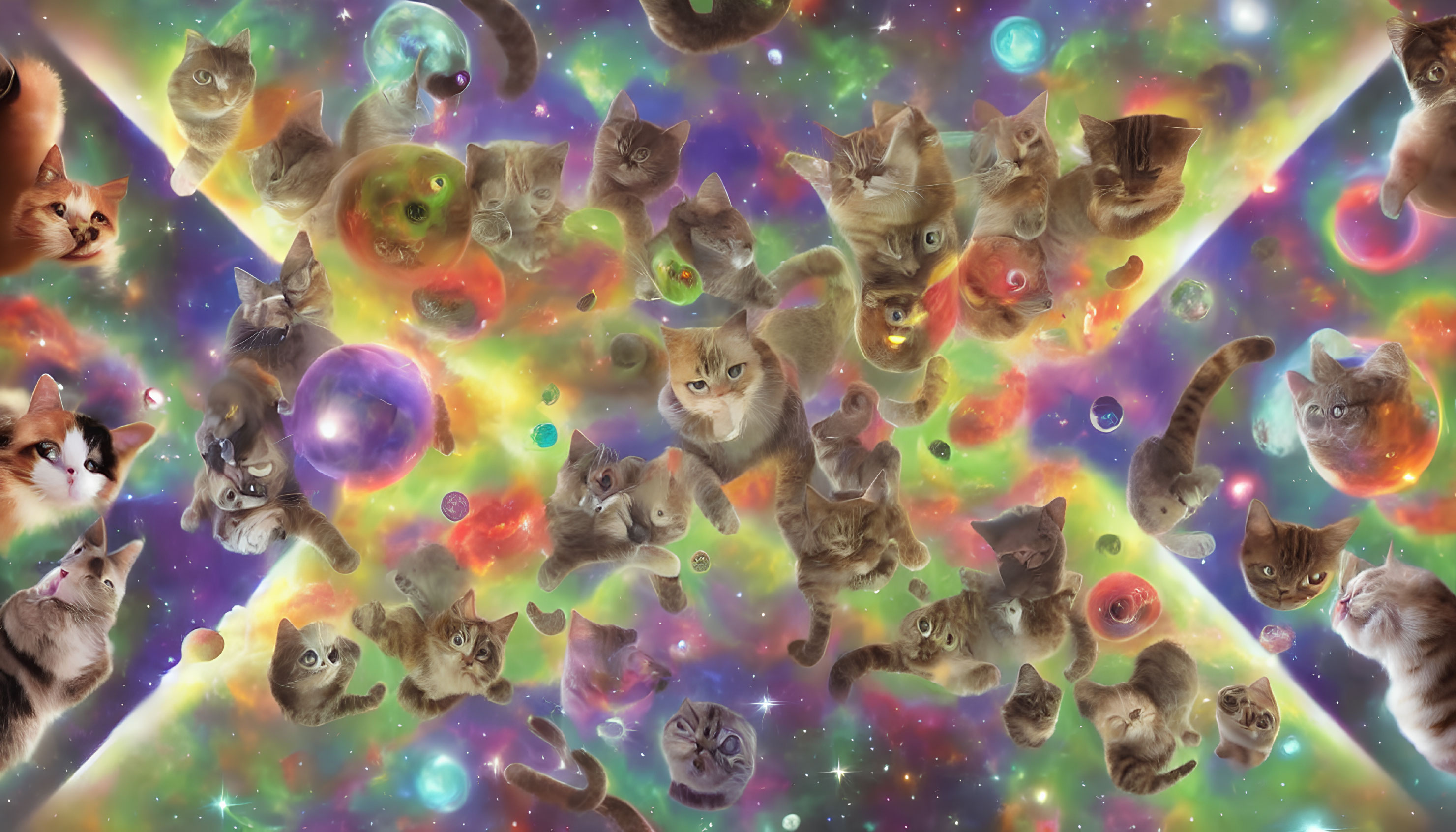 Colorful Cosmic Cat Collage with Nebulas and Planets