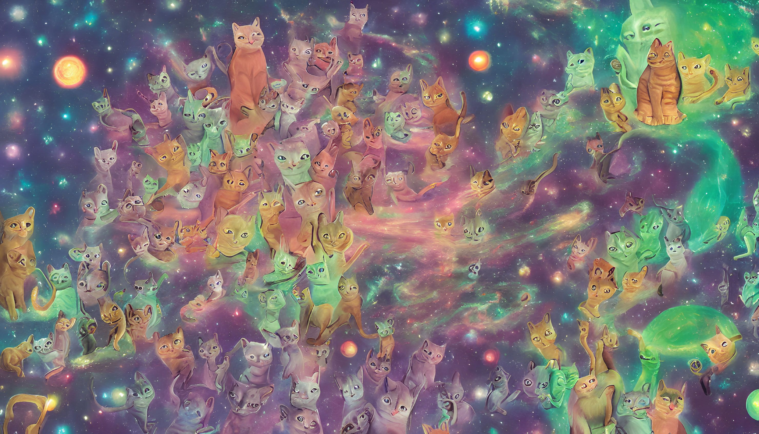 Whimsical cartoon cats in cosmic nebula with stars