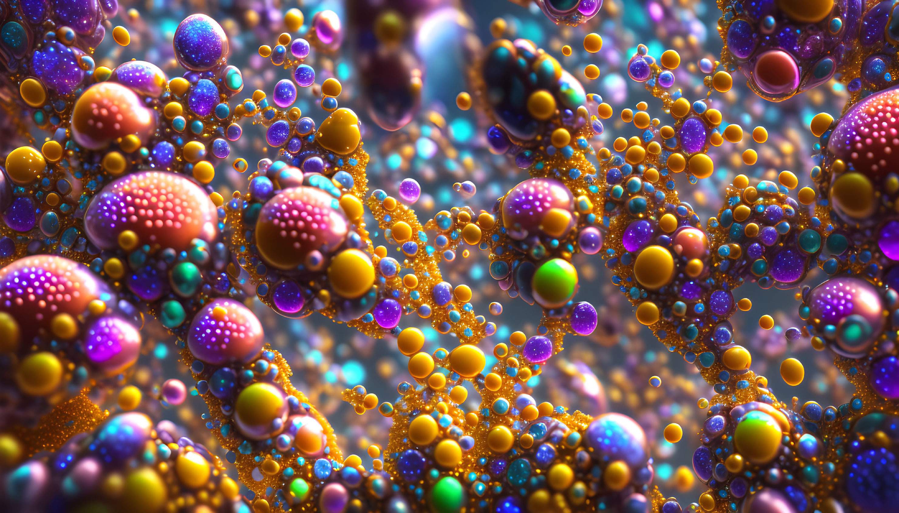 Colorful 3D render of multicolored spheres in various sizes and patterns