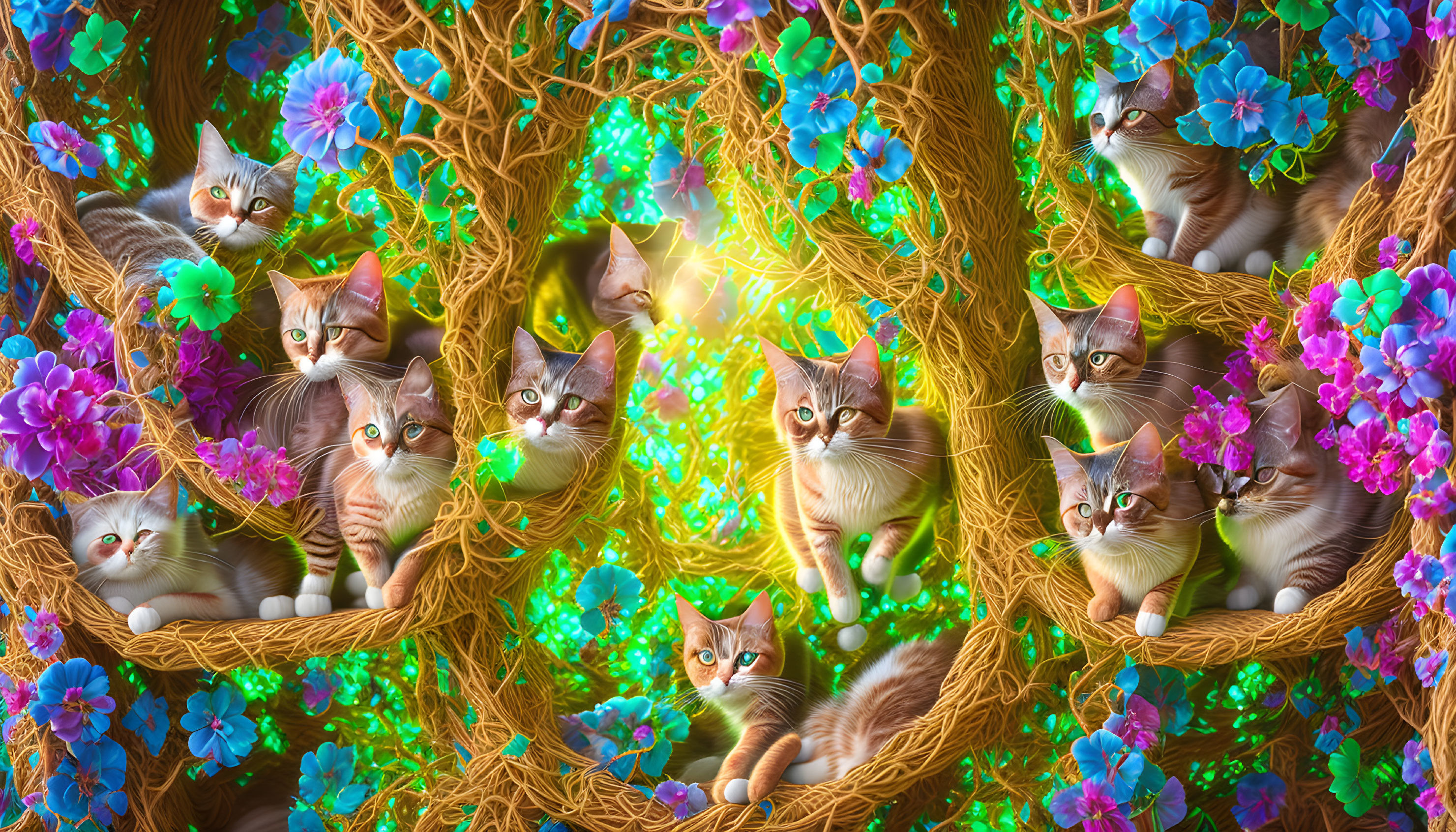 Vibrant illustration of cats in branches with glowing magical elements