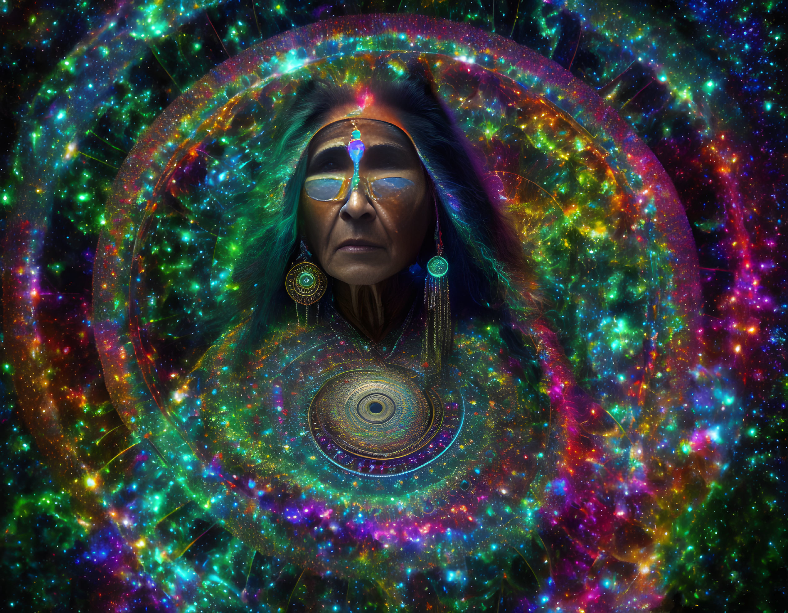 Indigenous woman in traditional attire blending with cosmic background