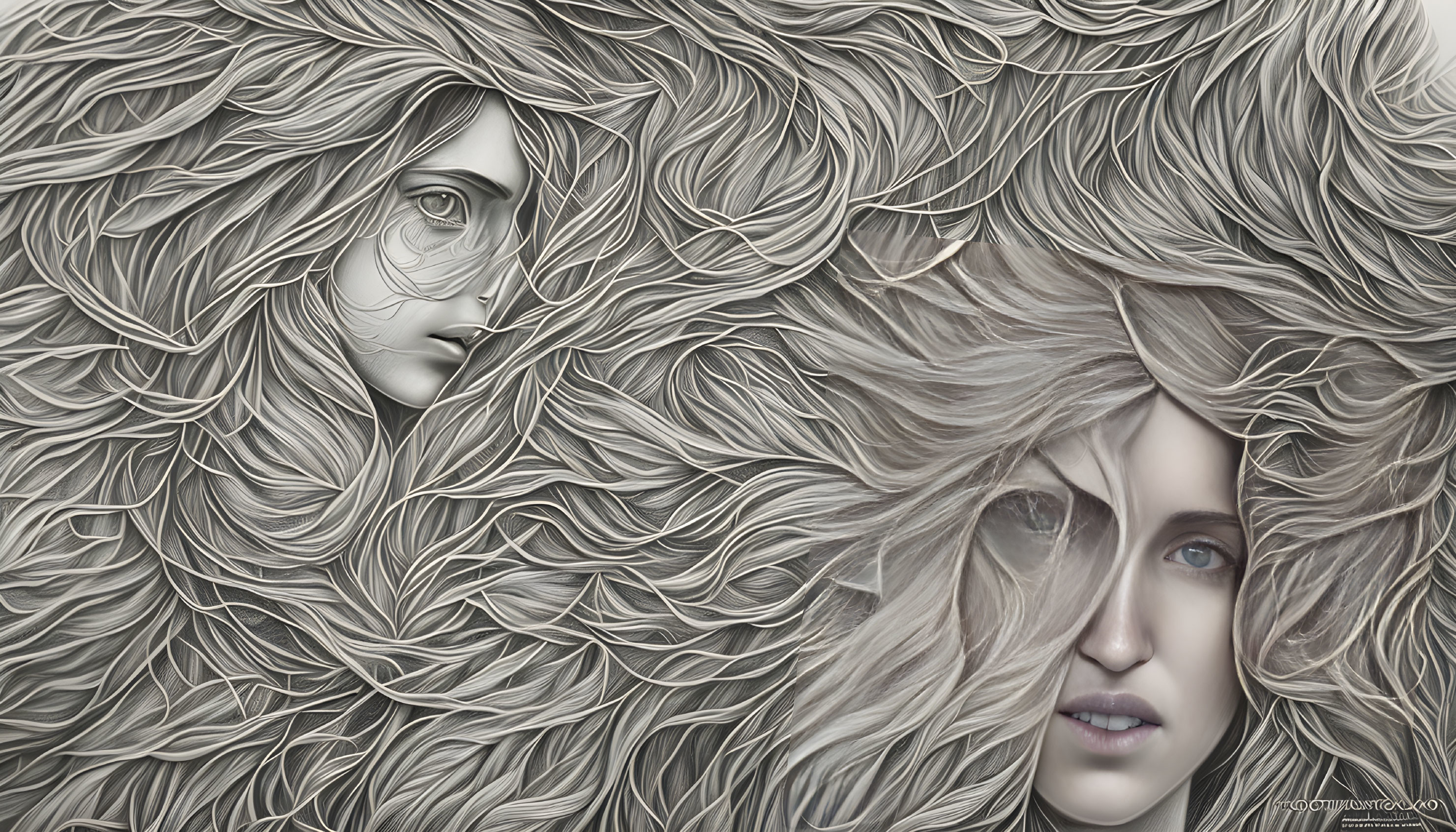 Two women's faces obscured by flowing hair swirls in monochromatic palette