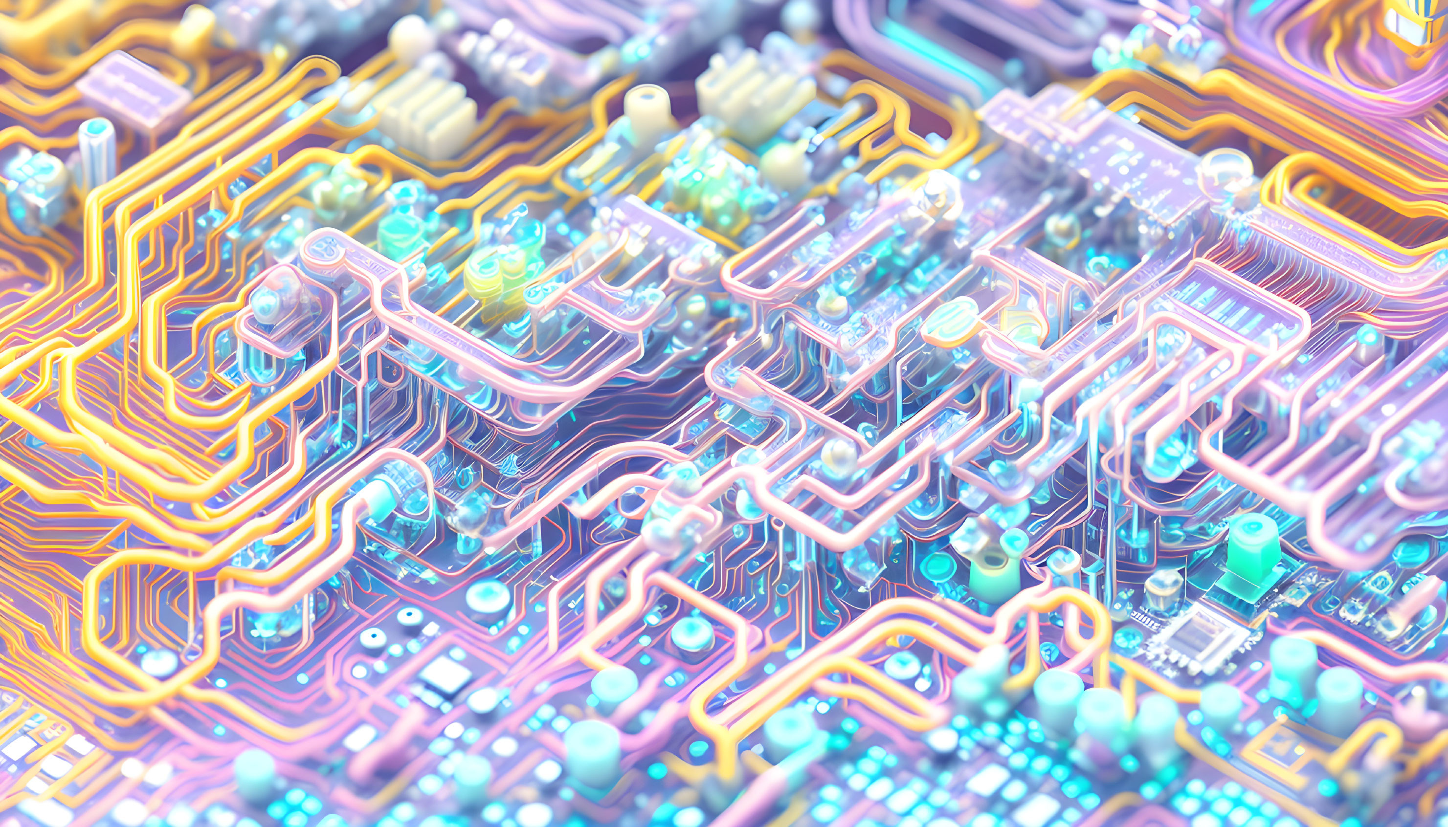 Detailed Circuit Board Illustration with Intricate Patterns and Pastel Colors