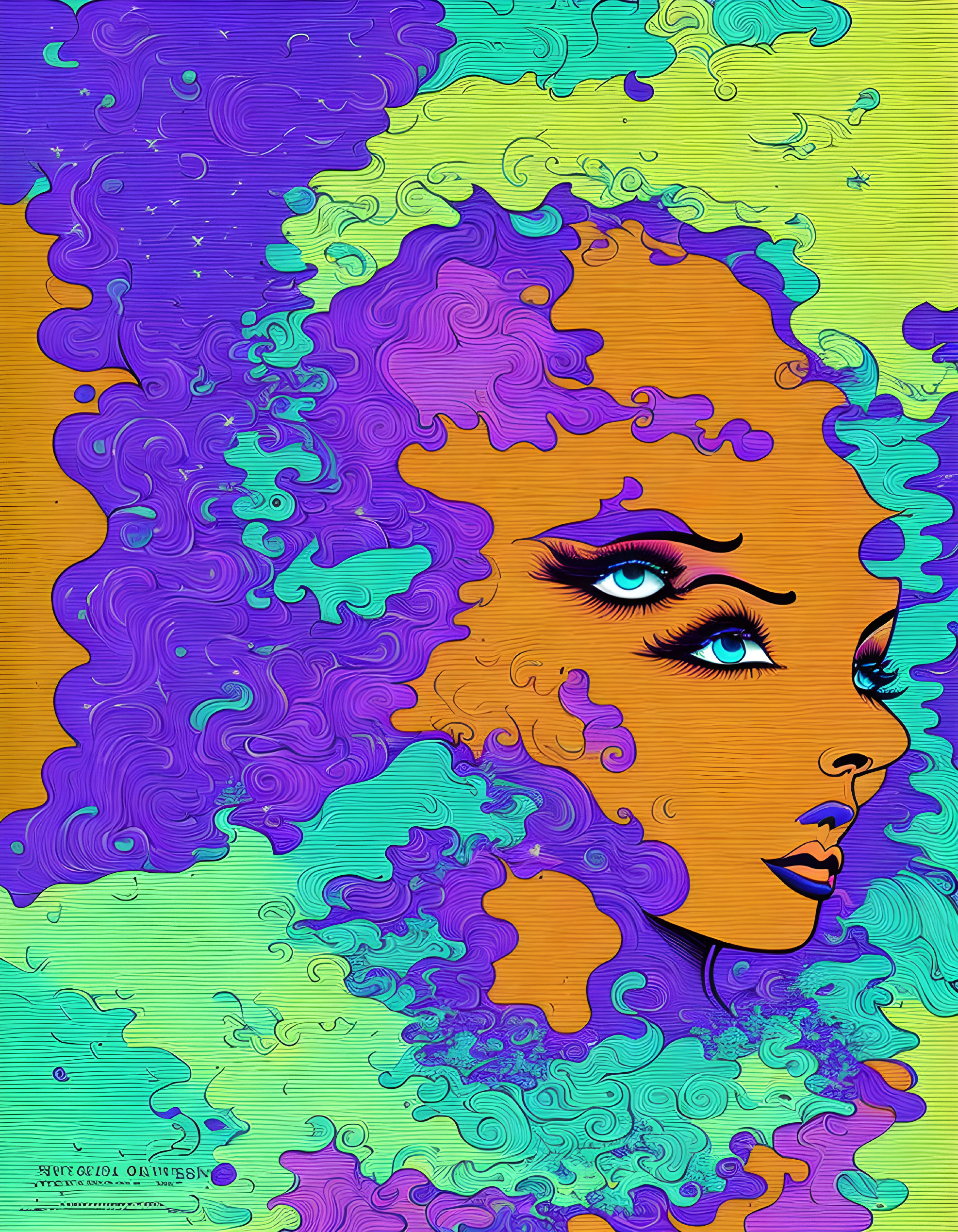 Colorful Stylized Woman's Face with Purple Hair on Gradient Background