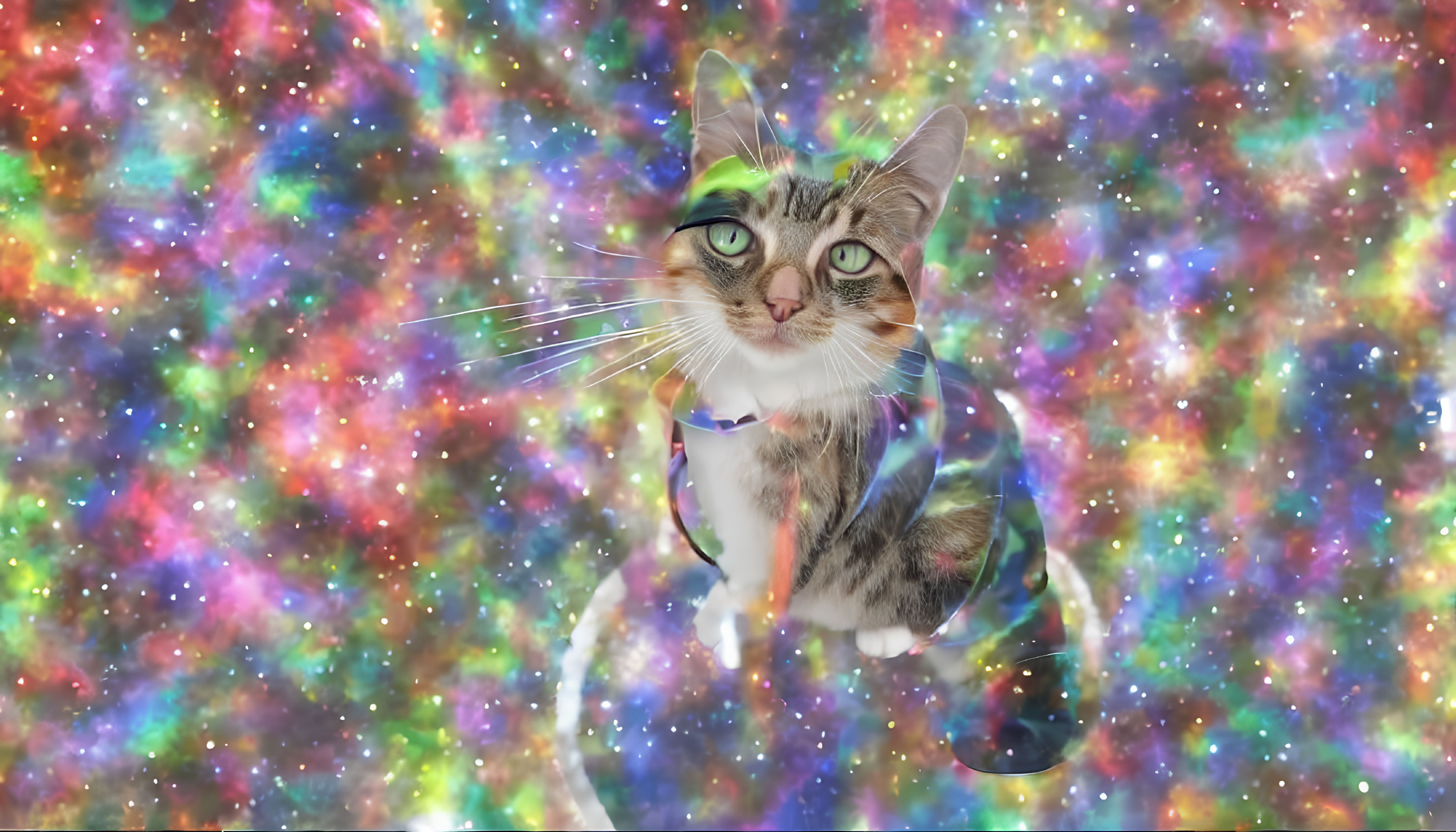 Colorful Cosmic Background with Whimsical Cat and Expressive Eyes