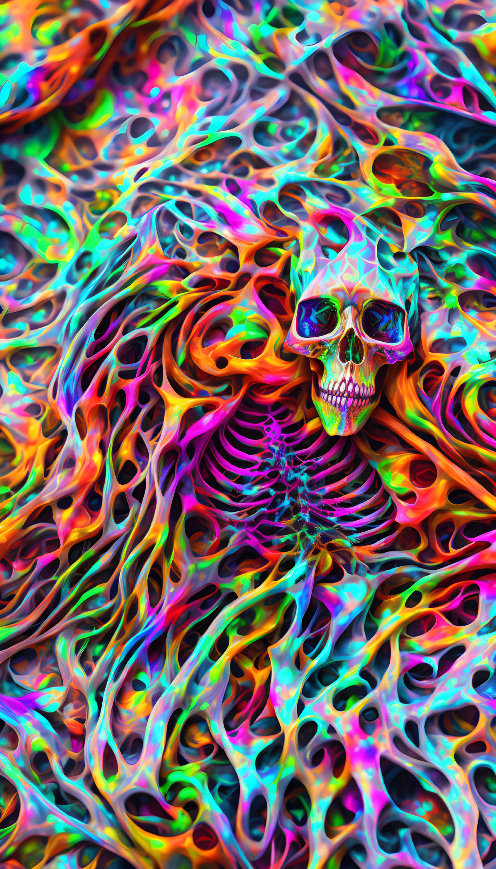 Colorful Digital Artwork: Skeleton Figure with Skull in Psychedelic Patterns