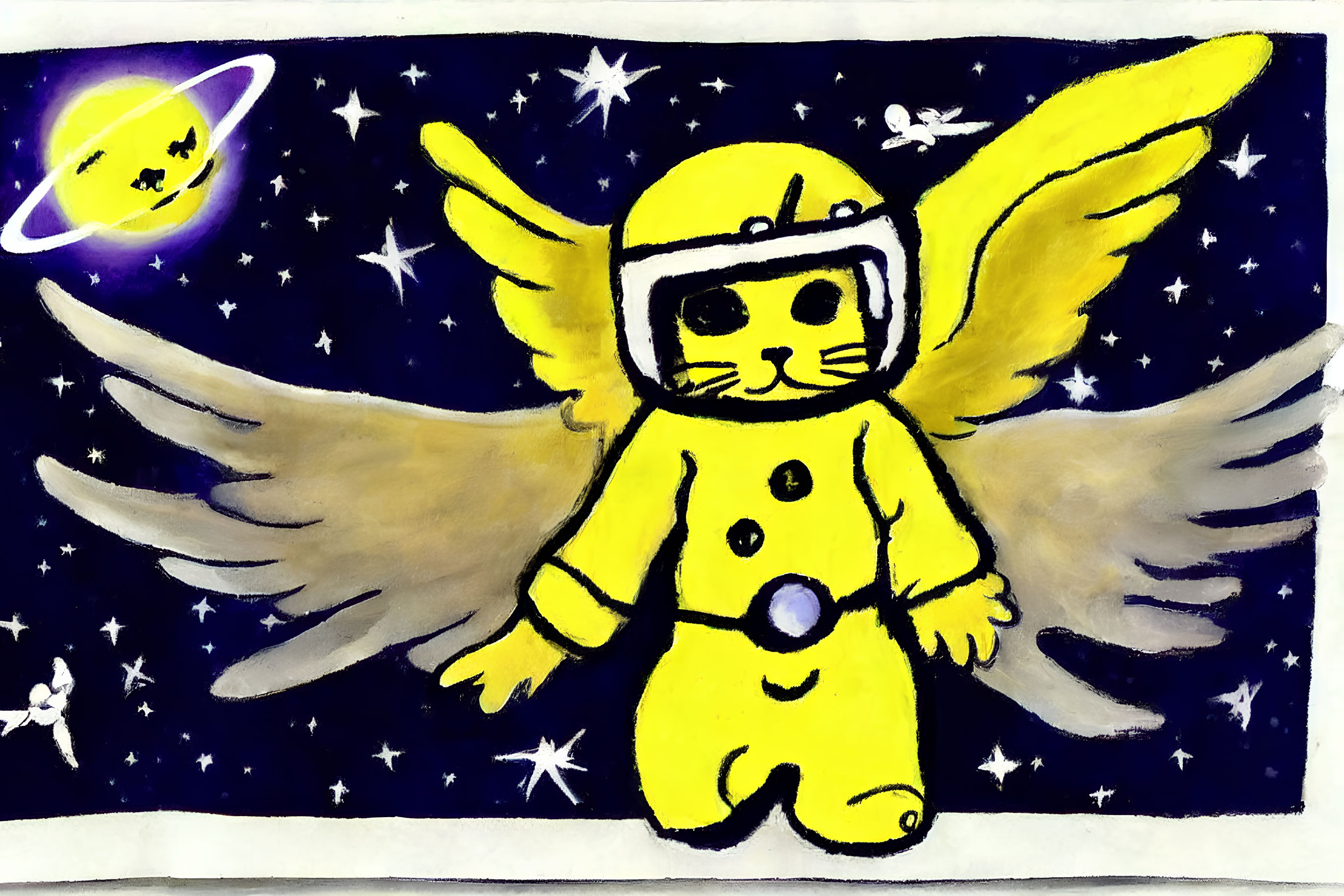 Illustration of winged cat astronaut in yellow suit with stars, planet, and figure.