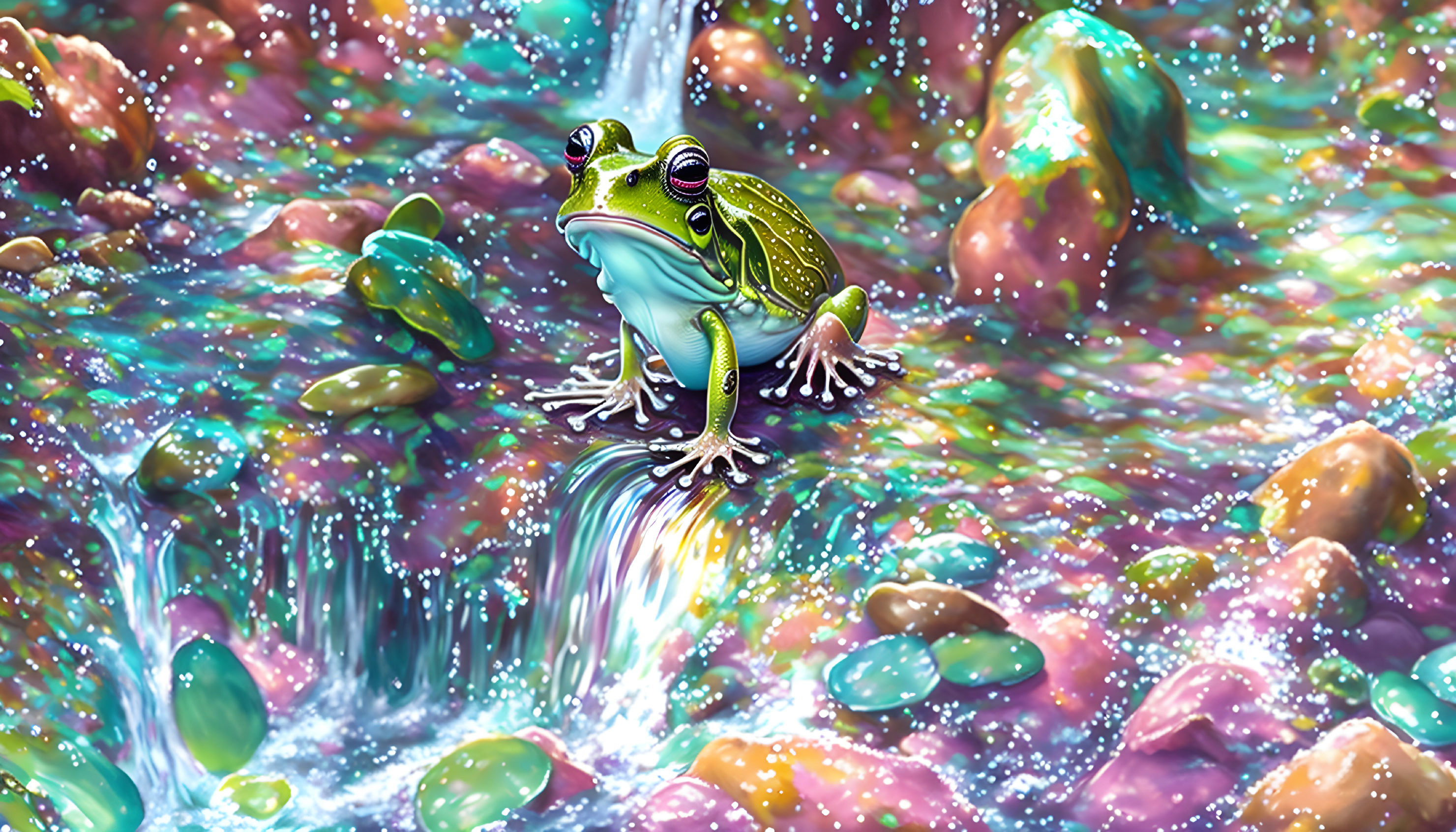 Colorful Frog Illustration on Rock Surrounded by Water and Stones