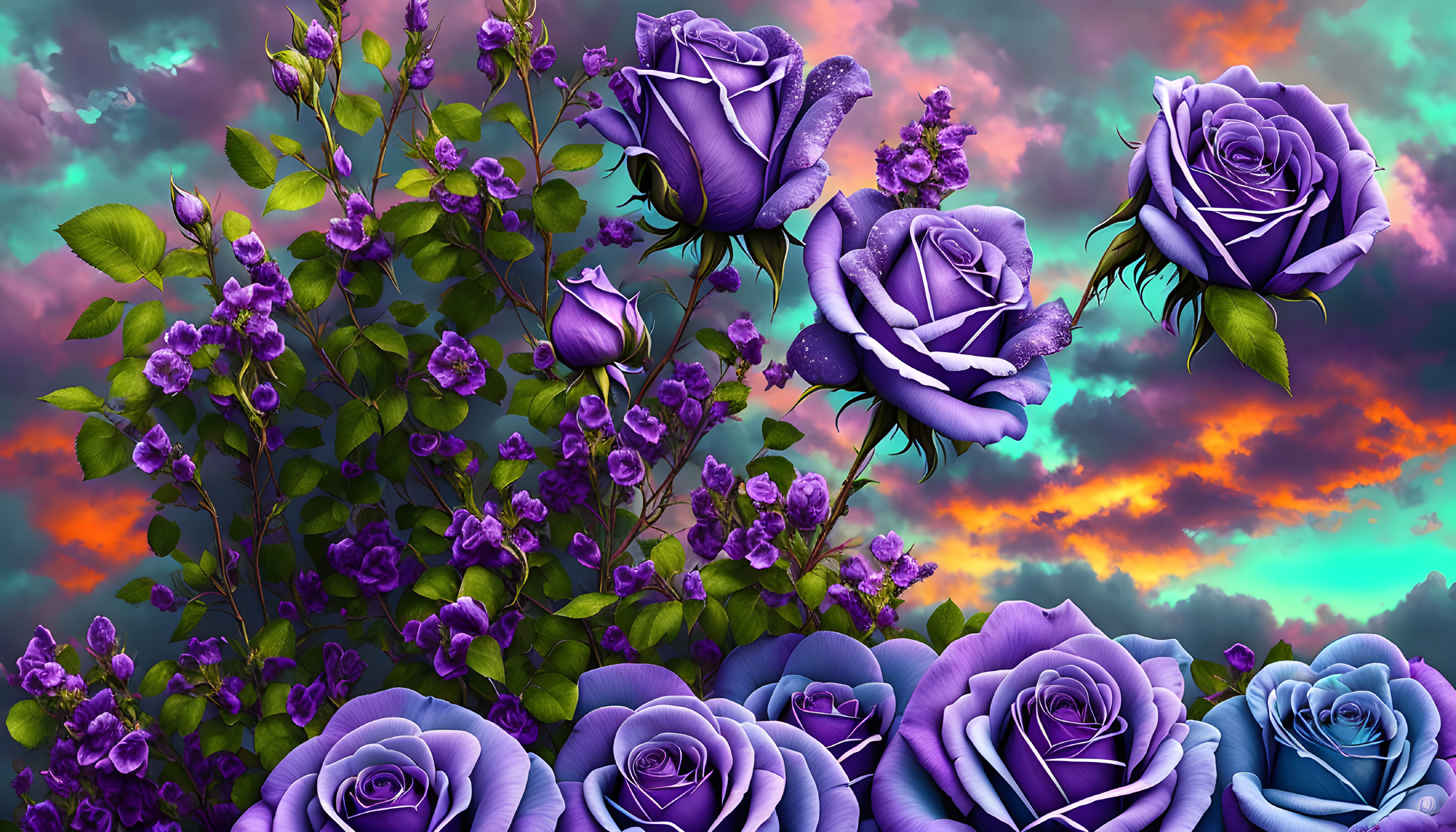 Purple roses against dramatic sky with pink and orange clouds