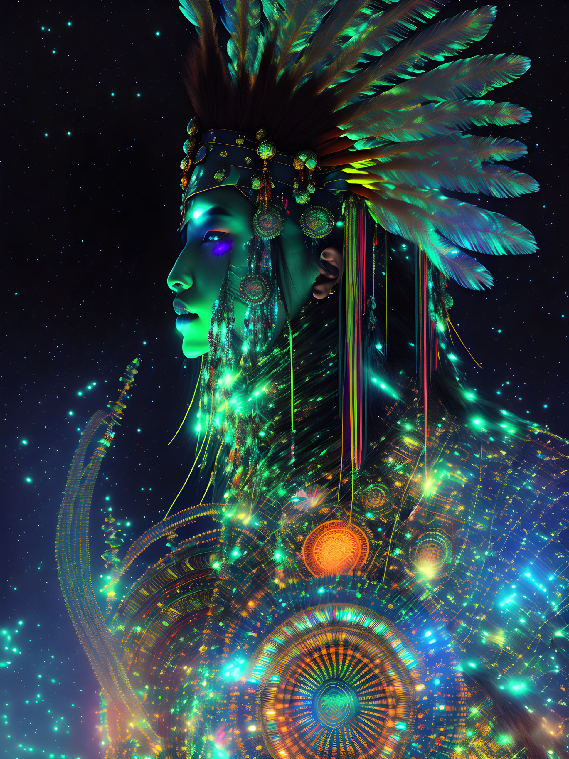 Colorful digital artwork featuring person in tribal attire against starry background