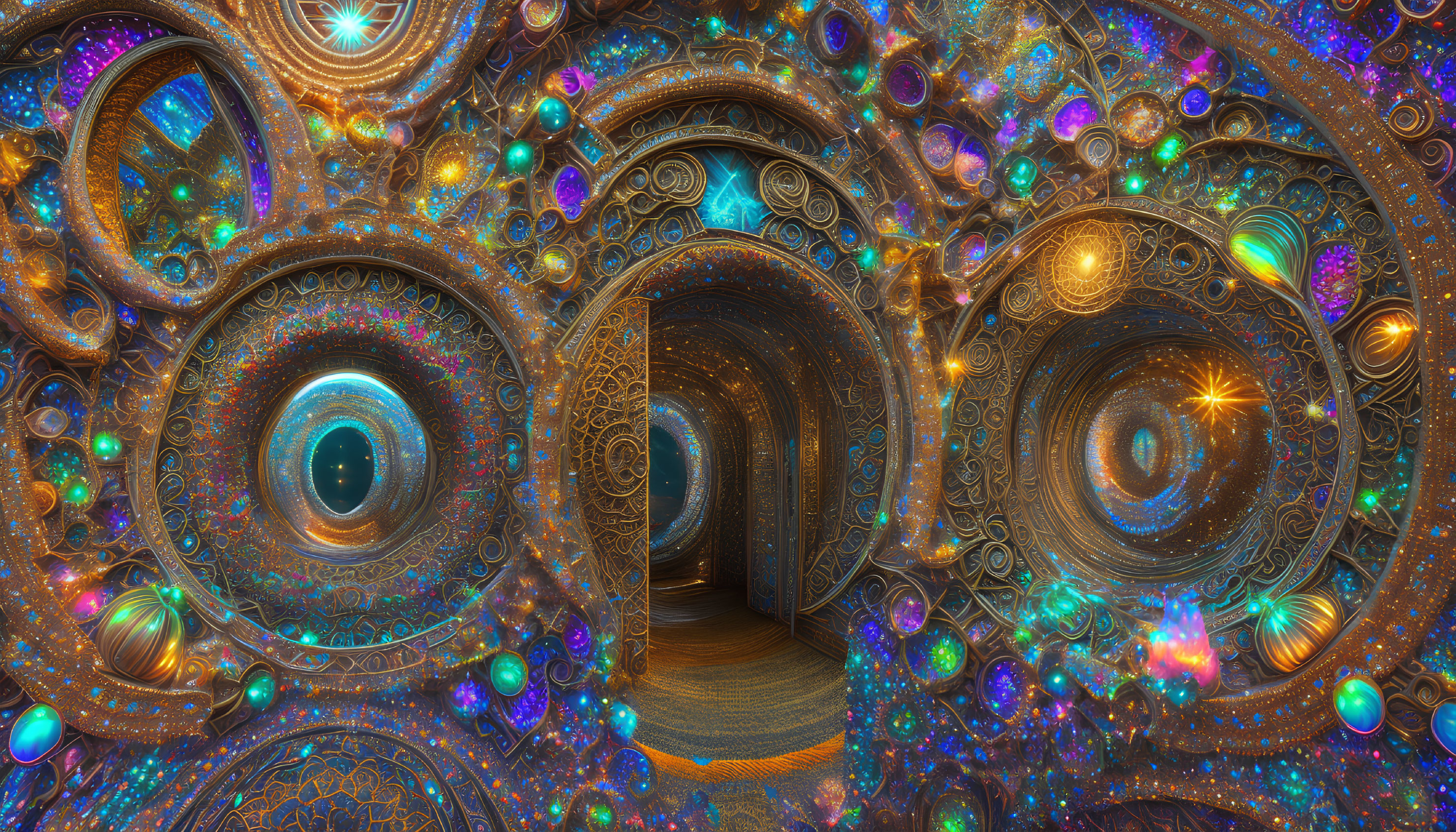 Colorful fractal design with swirling patterns and glowing orbs.