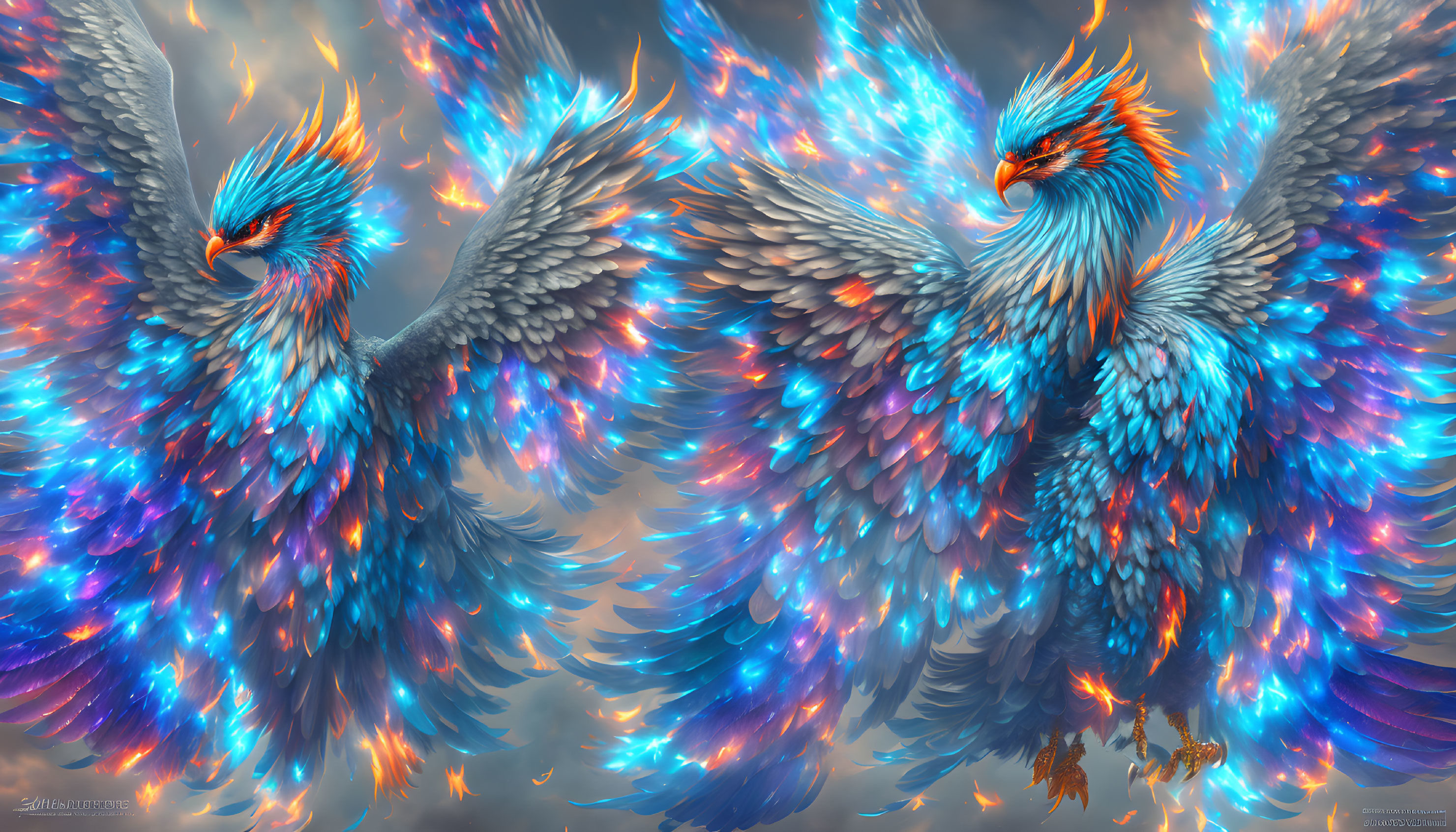 Majestic fiery phoenixes with blue and orange plumage in flight