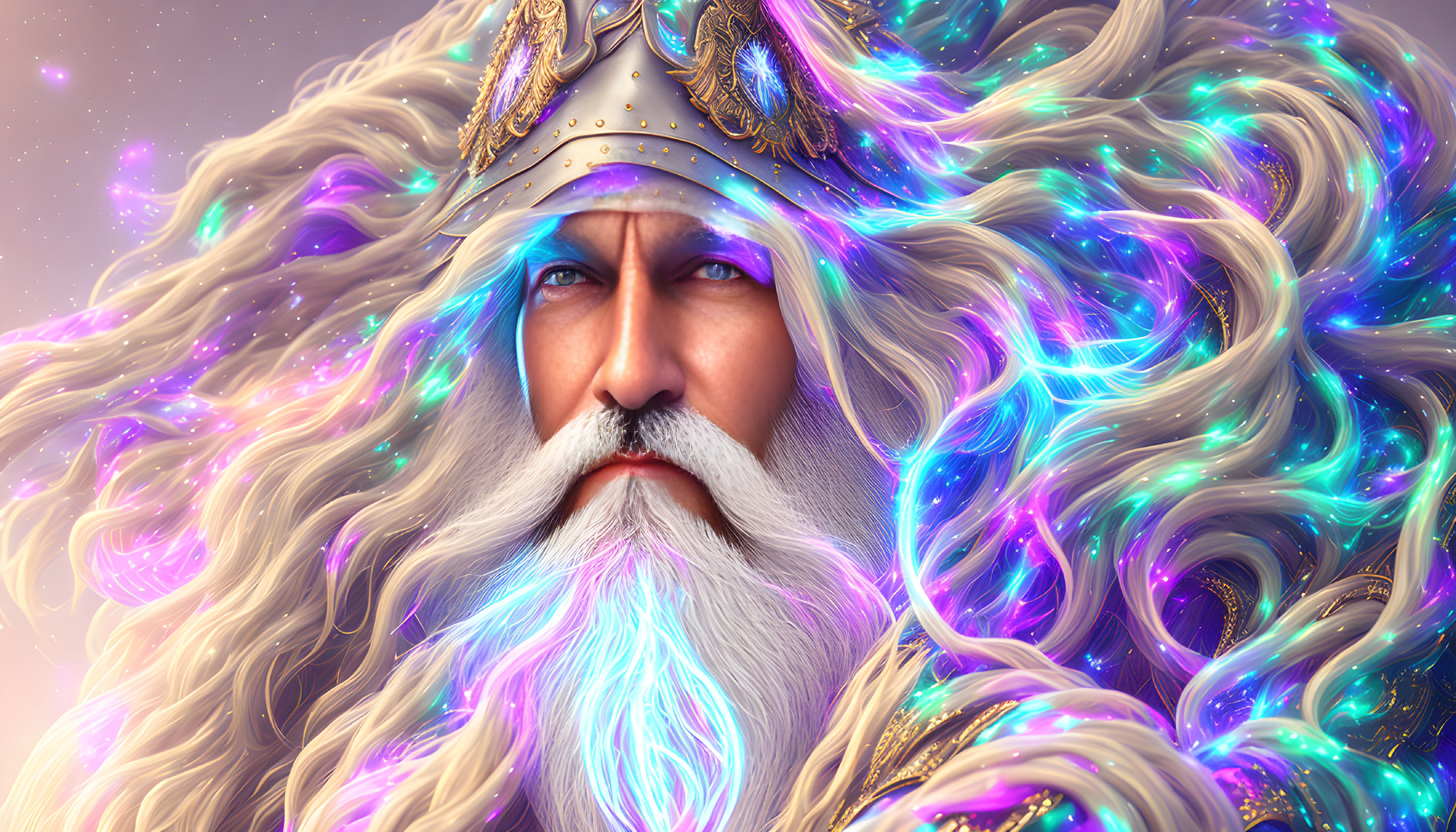 Majestic bearded figure with colorful hair and golden crown on sparkling background