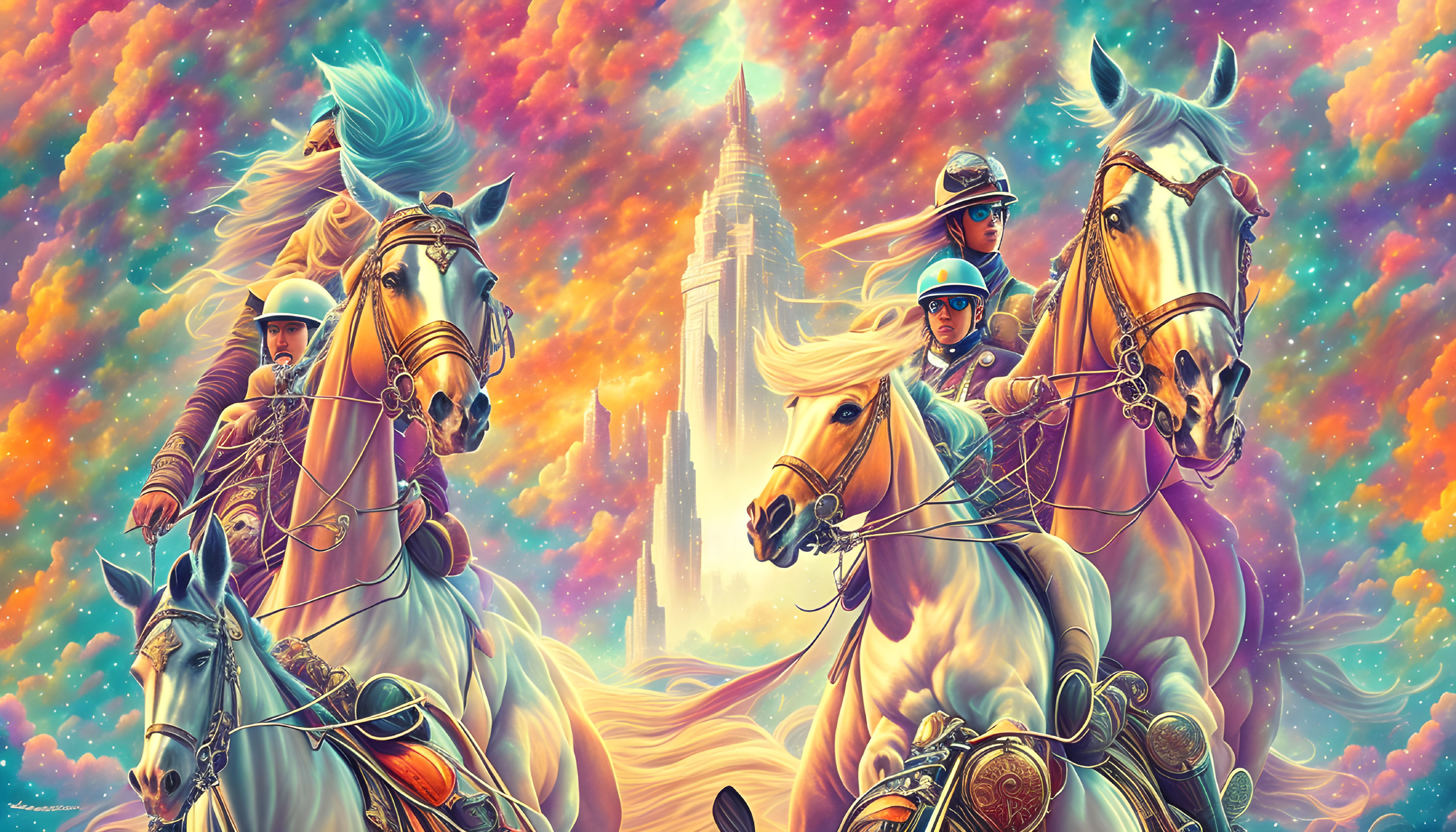 Futuristic knights on horses in front of colorful nebula sky and cityscape