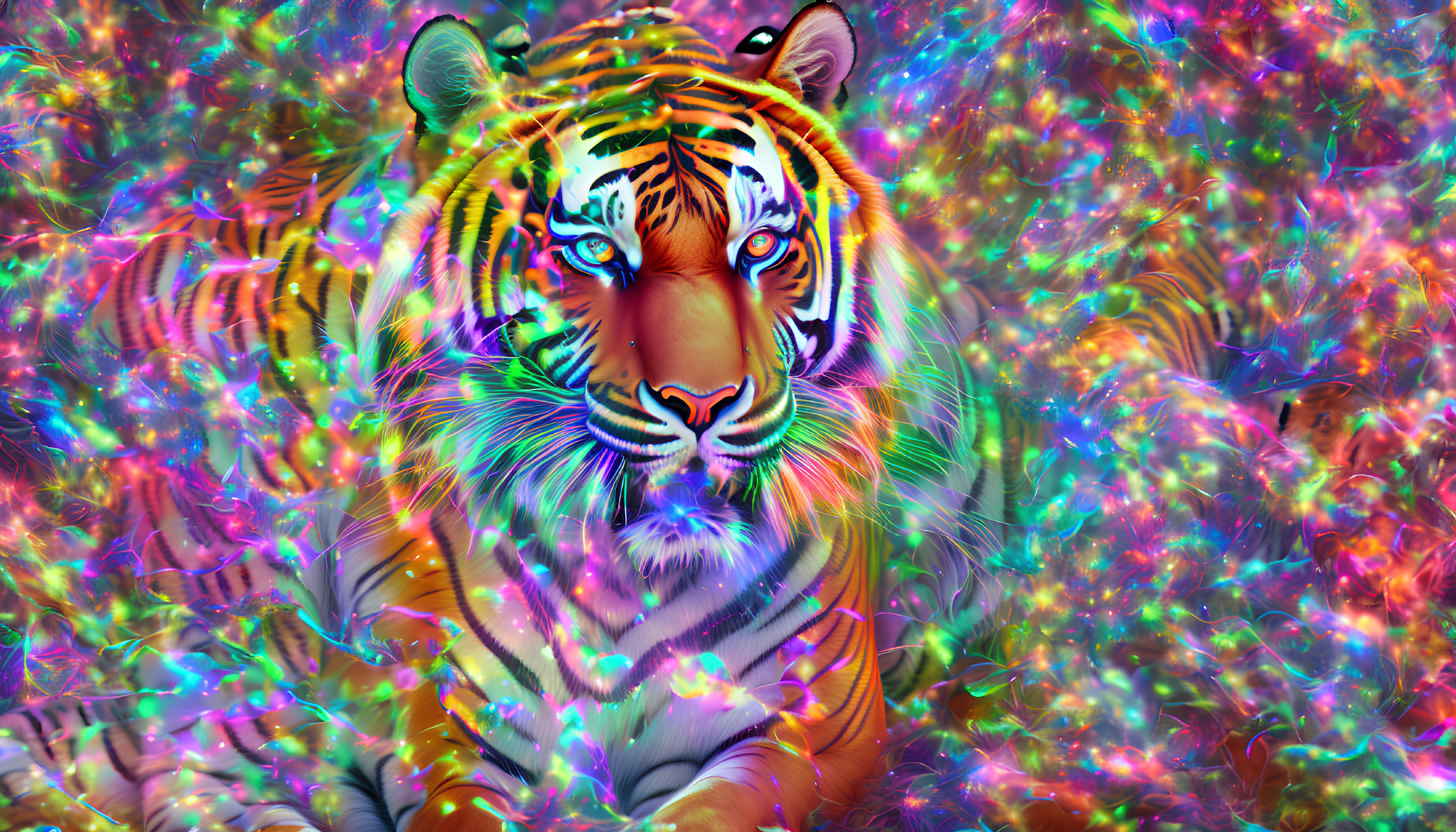 Colorful Tiger with Intense Eyes on Rainbow Background