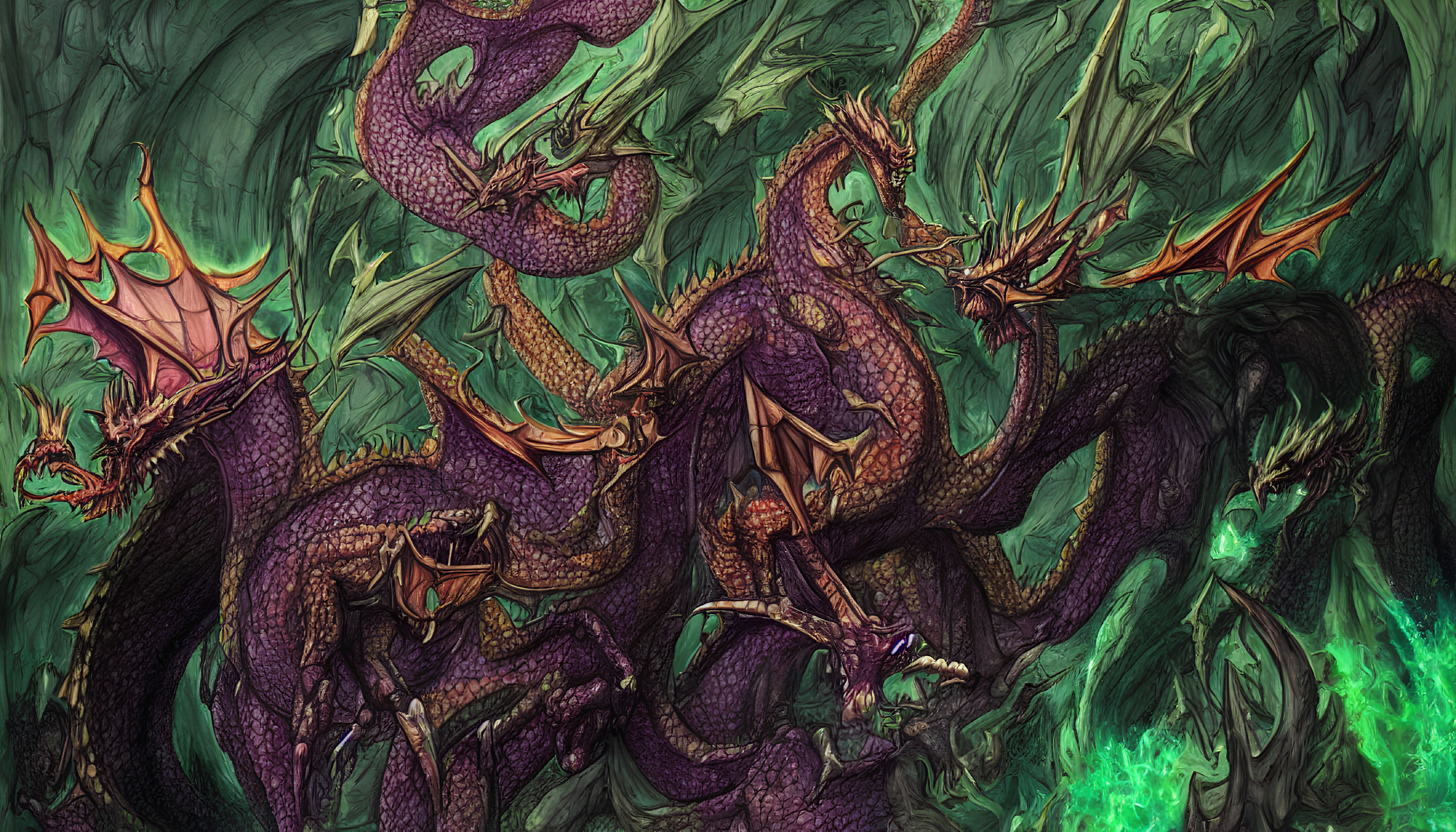 Interwoven Purple Dragons and Orange Wings in Dark Green Mystical Forest