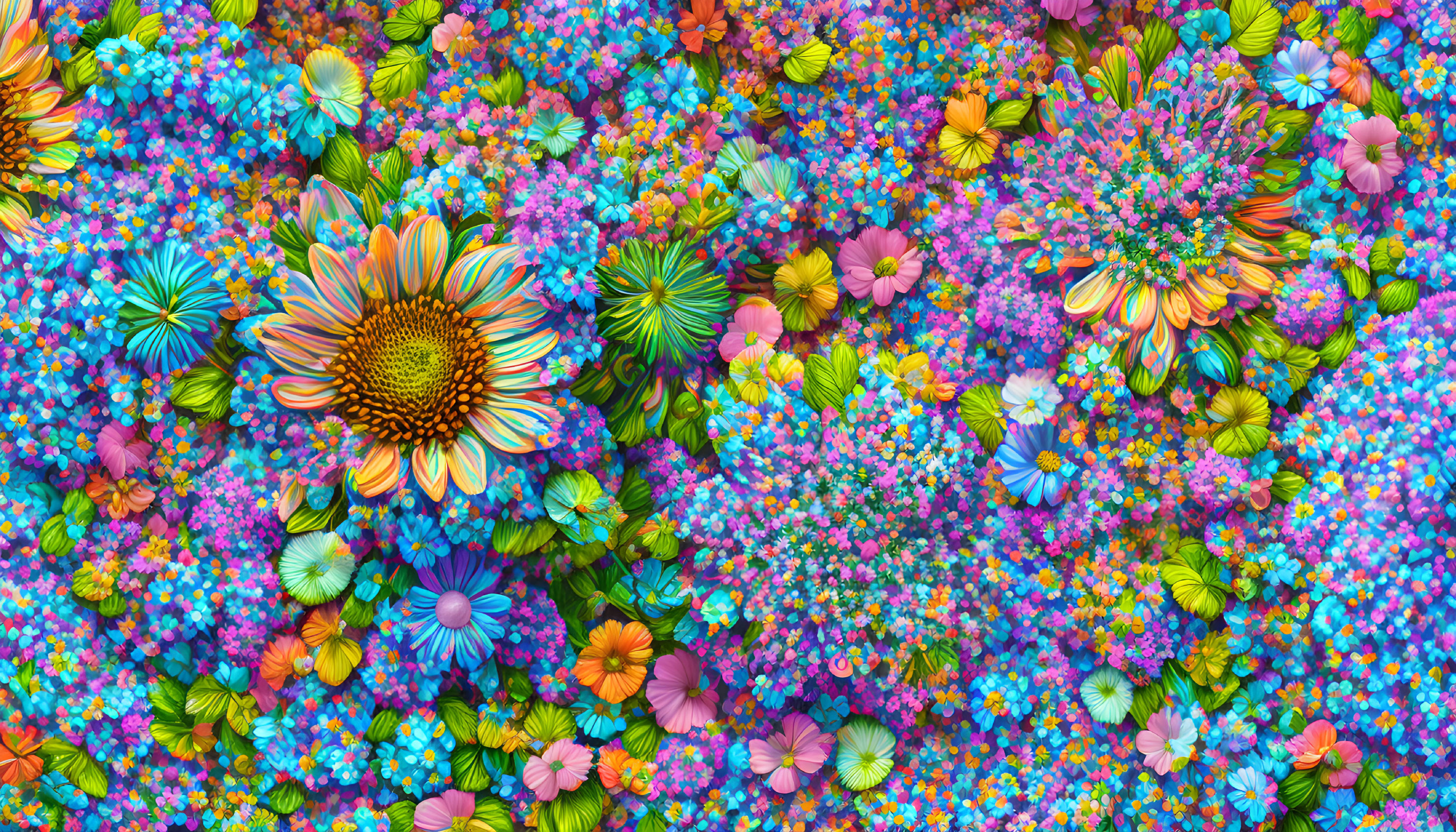 Colorful Blooming Flowers in Lush Kaleidoscopic Pattern