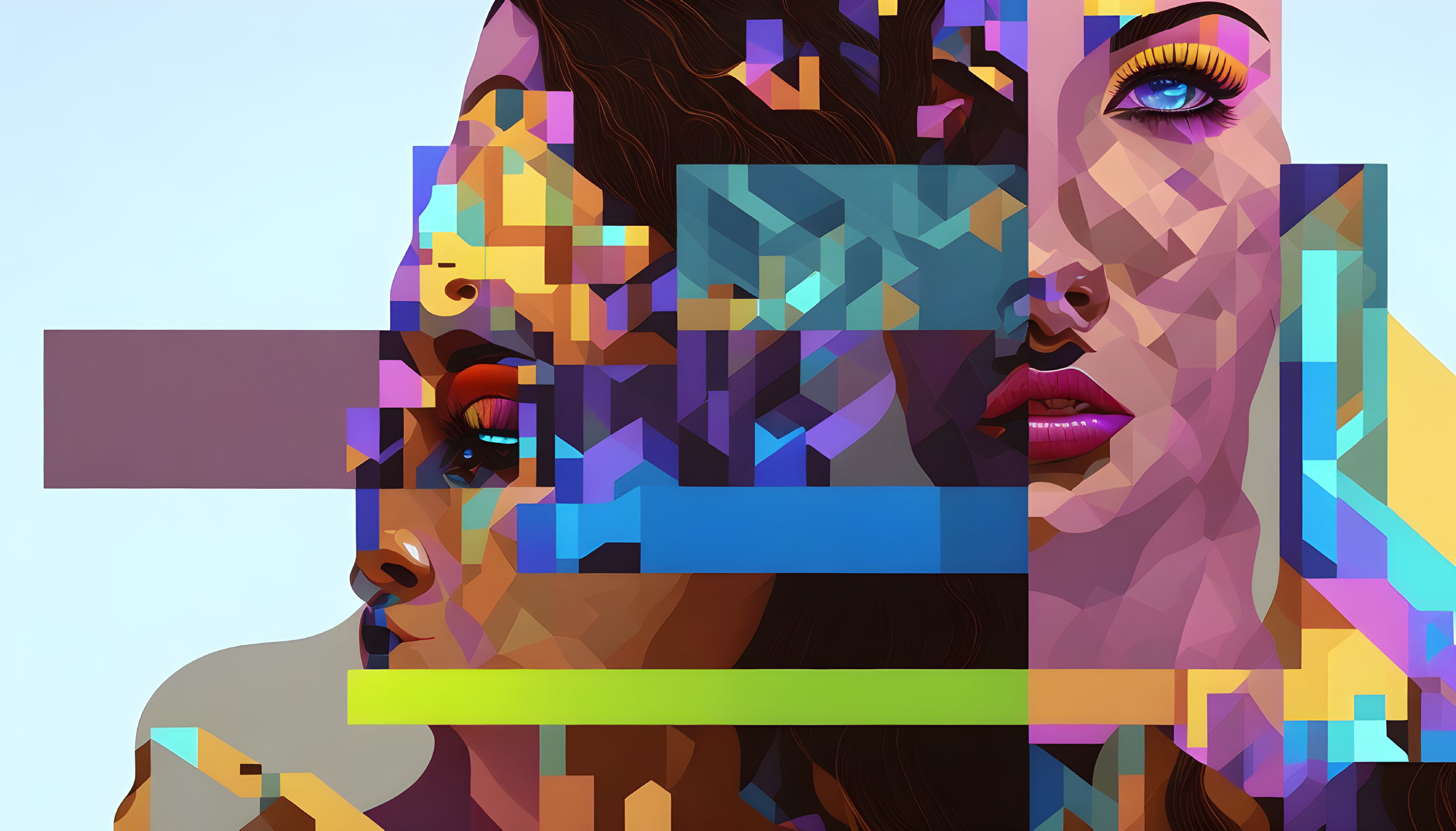 Colorful Geometric Fragmentation Overlaying Multiple Female Faces