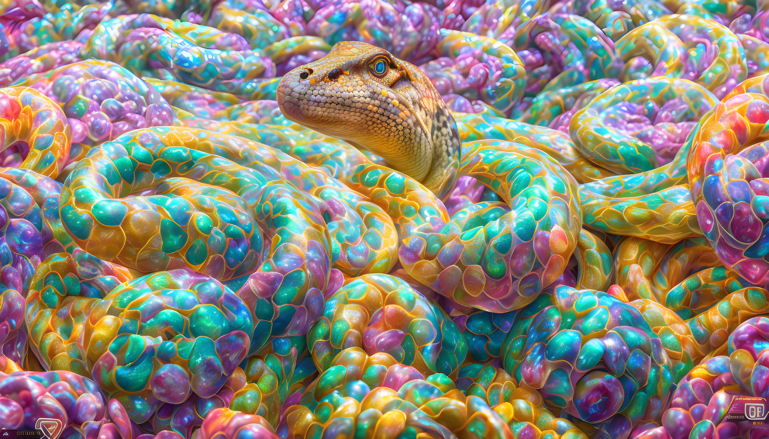 Colorful Surreal Image: Monitor Lizard Creature in Rainbow Coils