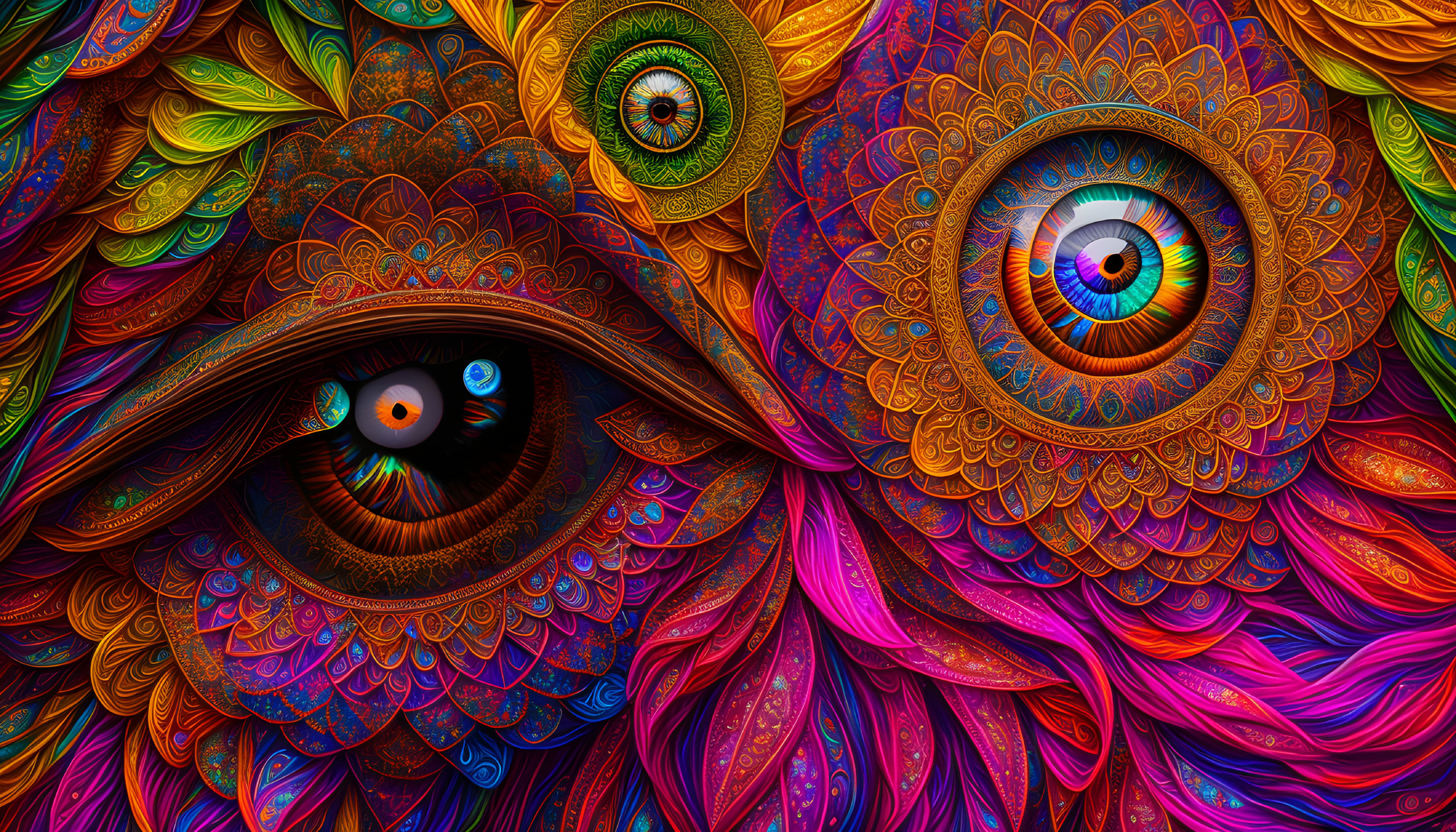 Colorful digital artwork: Detailed eyes in vibrant hues & feather-like patterns