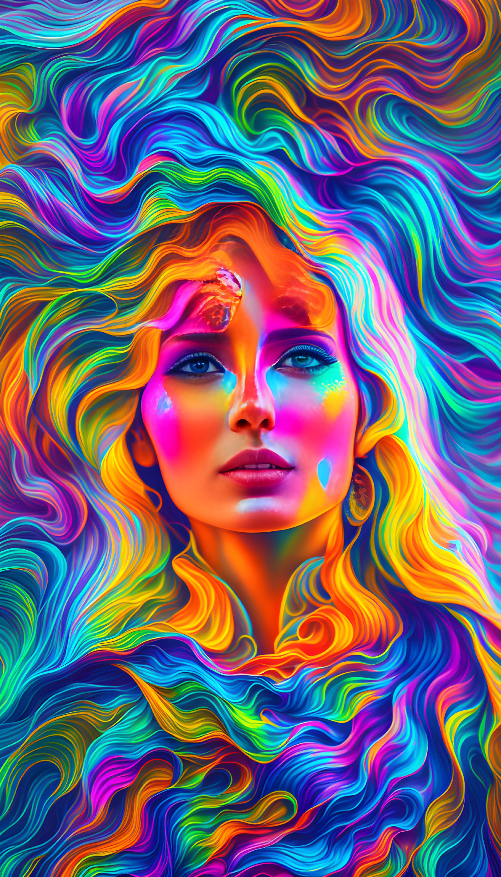 Colorful Psychedelic Portrait of Woman with Flowing Hair