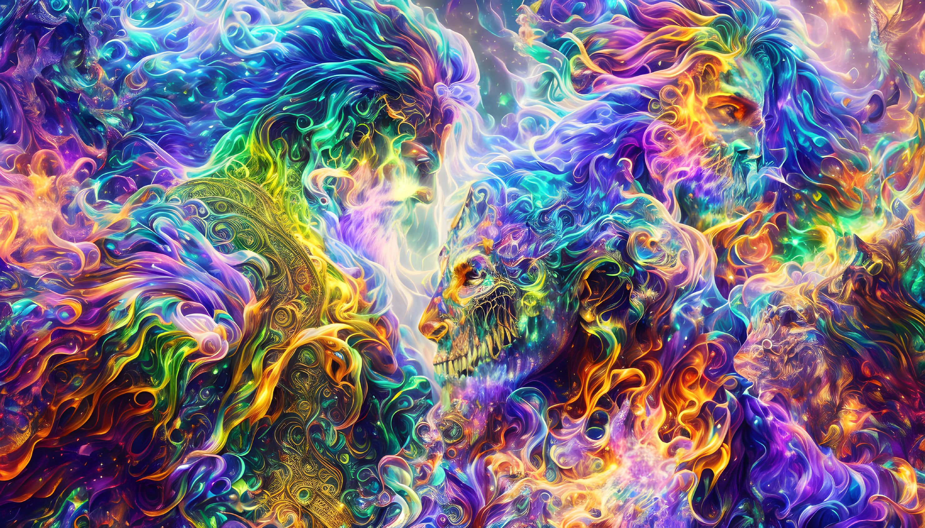 Colorful digital artwork featuring ethereal faces and swirling patterns.