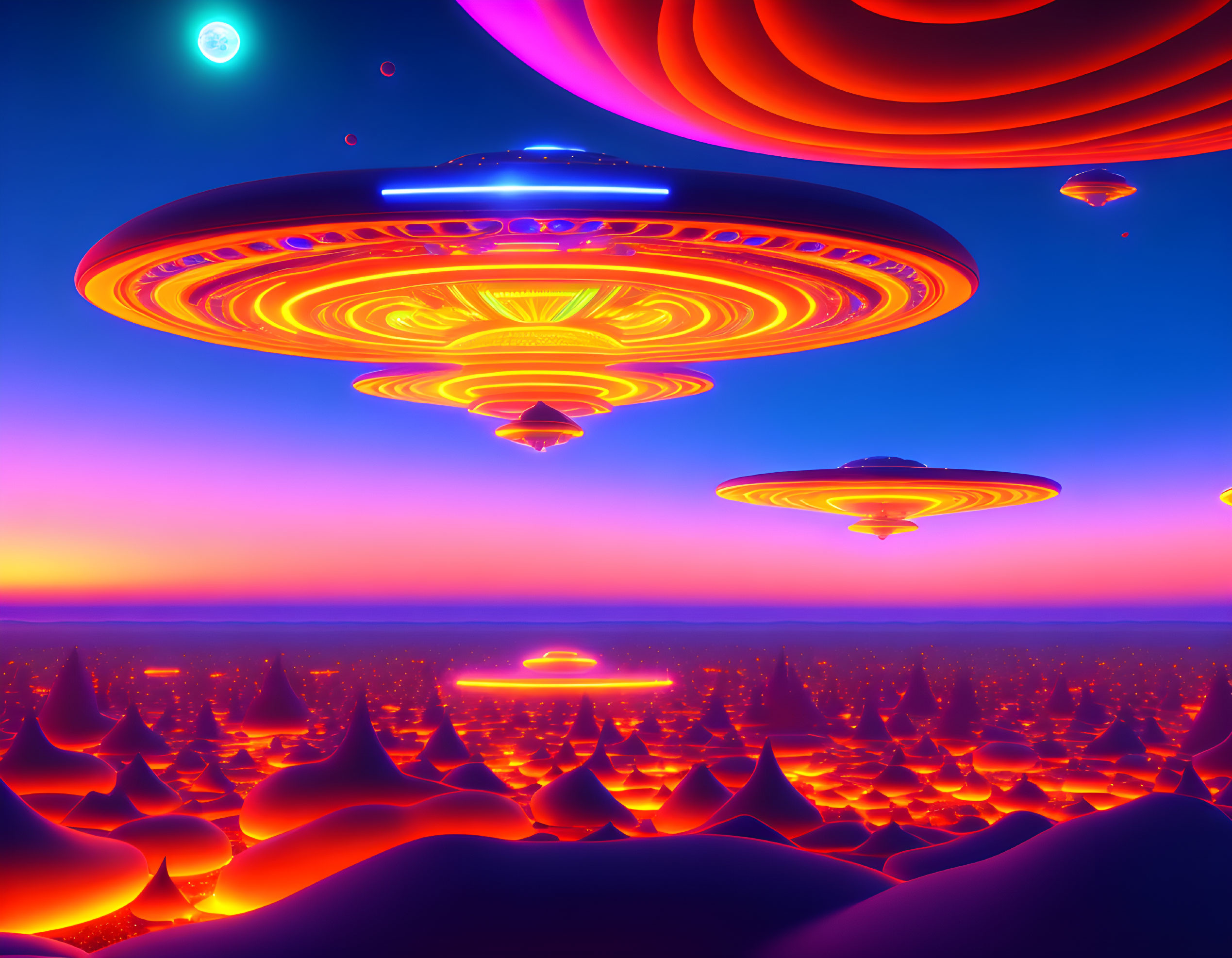 Vivid Orange and Purple Sci-Fi Landscape with UFOs and Alien Terrain