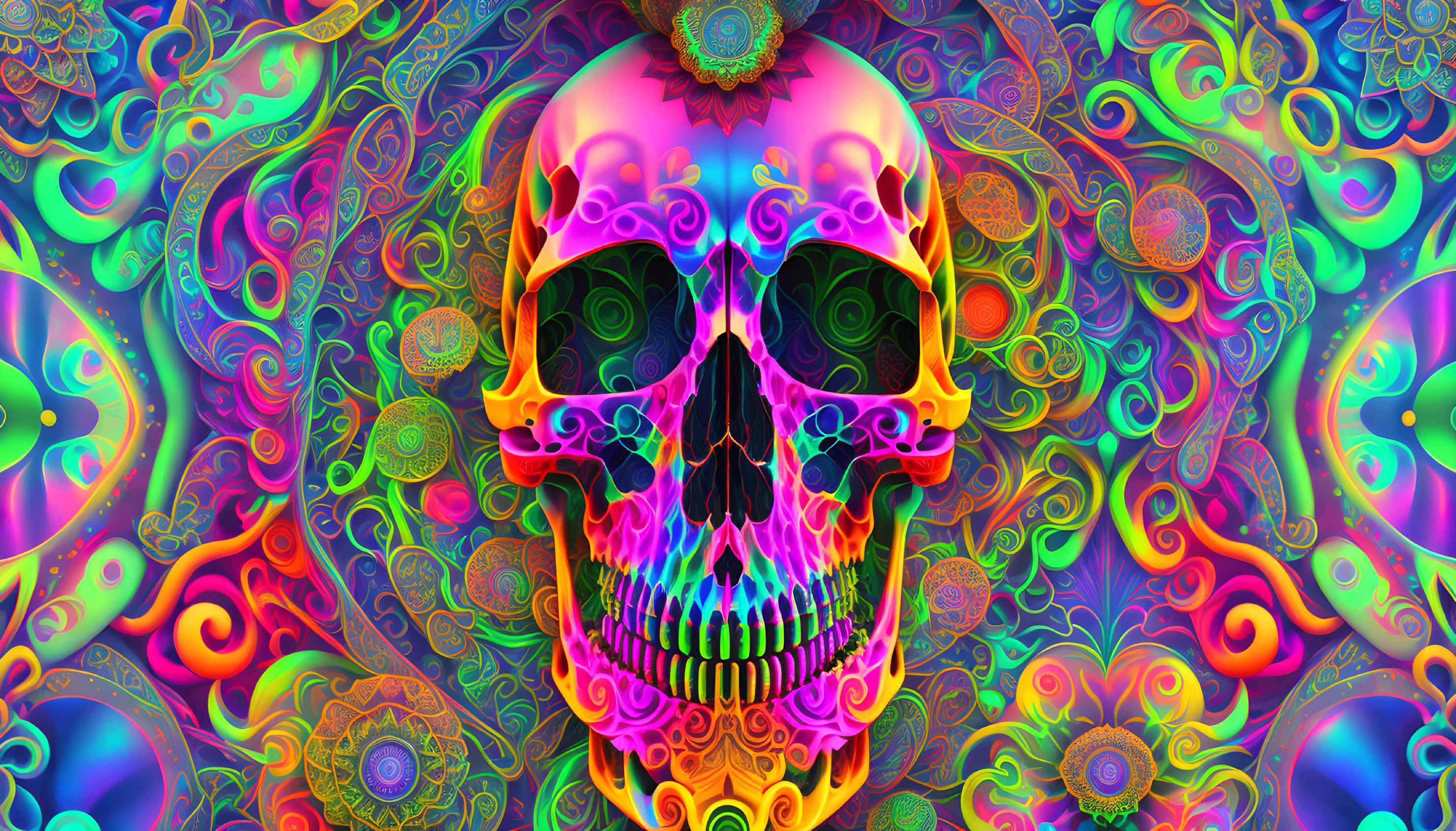 Colorful Psychedelic Skull on Intricate Patterned Background