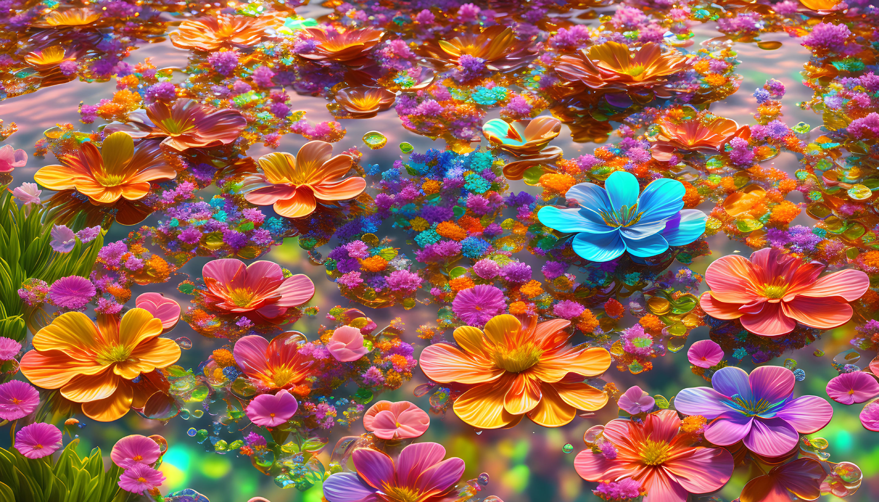 Colorful Flowers Floating on Water Surface with Lily Pads and Sunlight Reflections