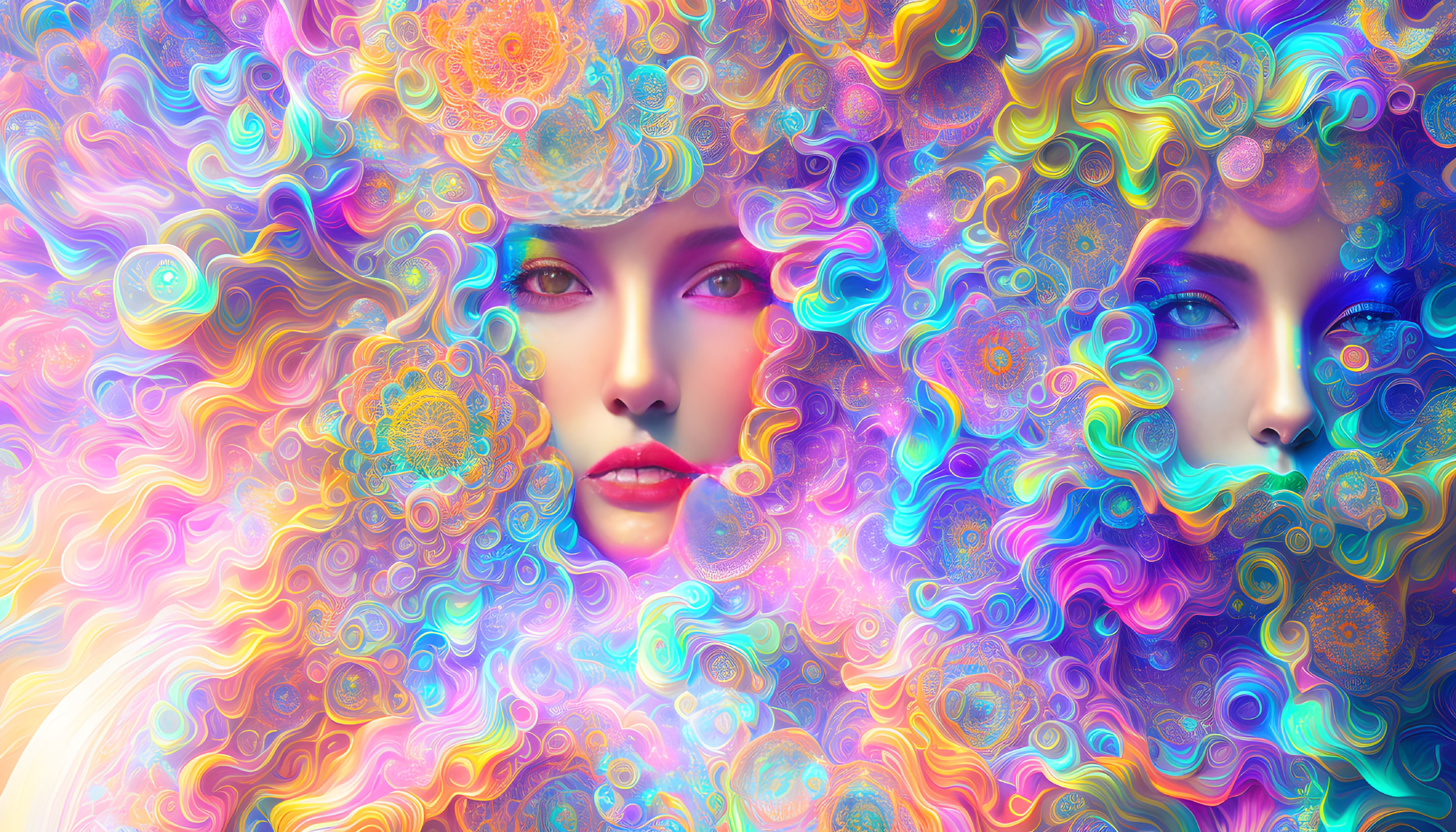 Colorful digital art: Two women's faces intertwined in vibrant swirls and patterns