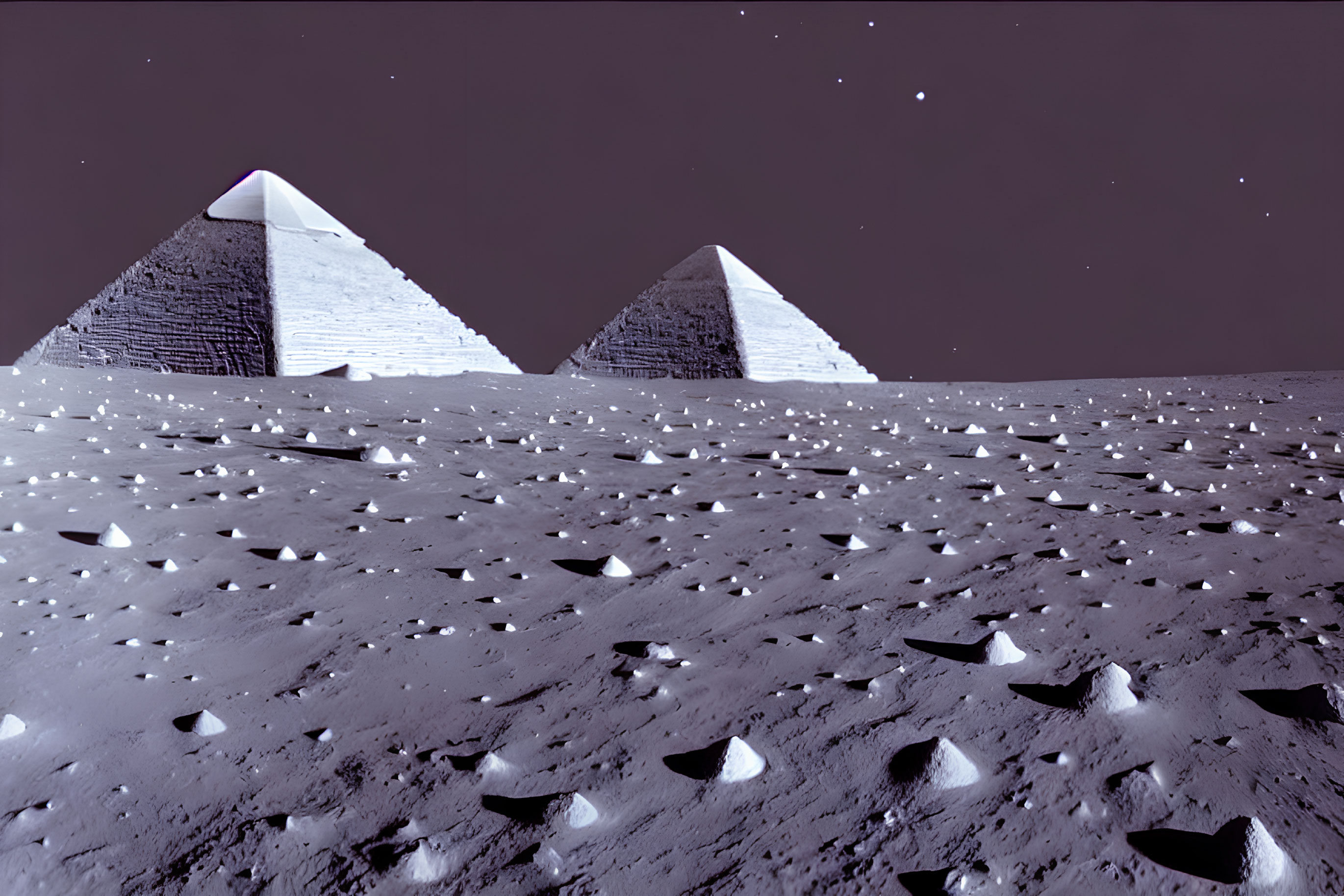 Ancient pyramids under starry sky with sandy terrain.