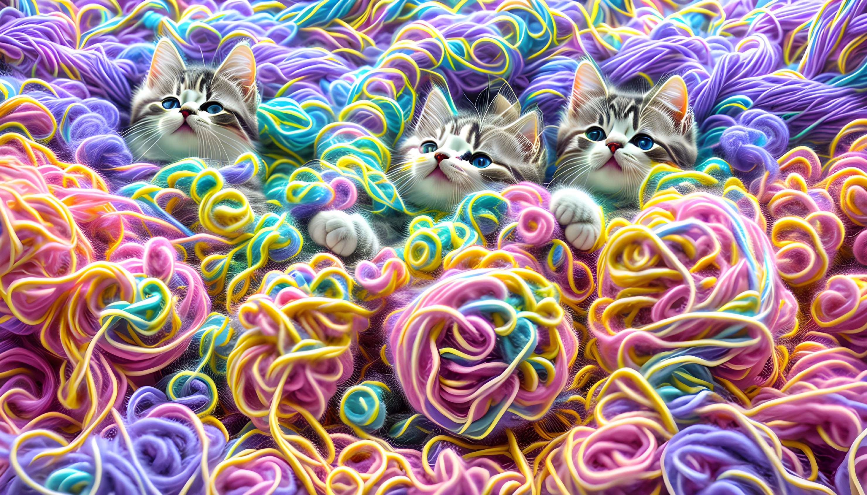 Three cute kittens in colorful, abstract, whimsical landscape