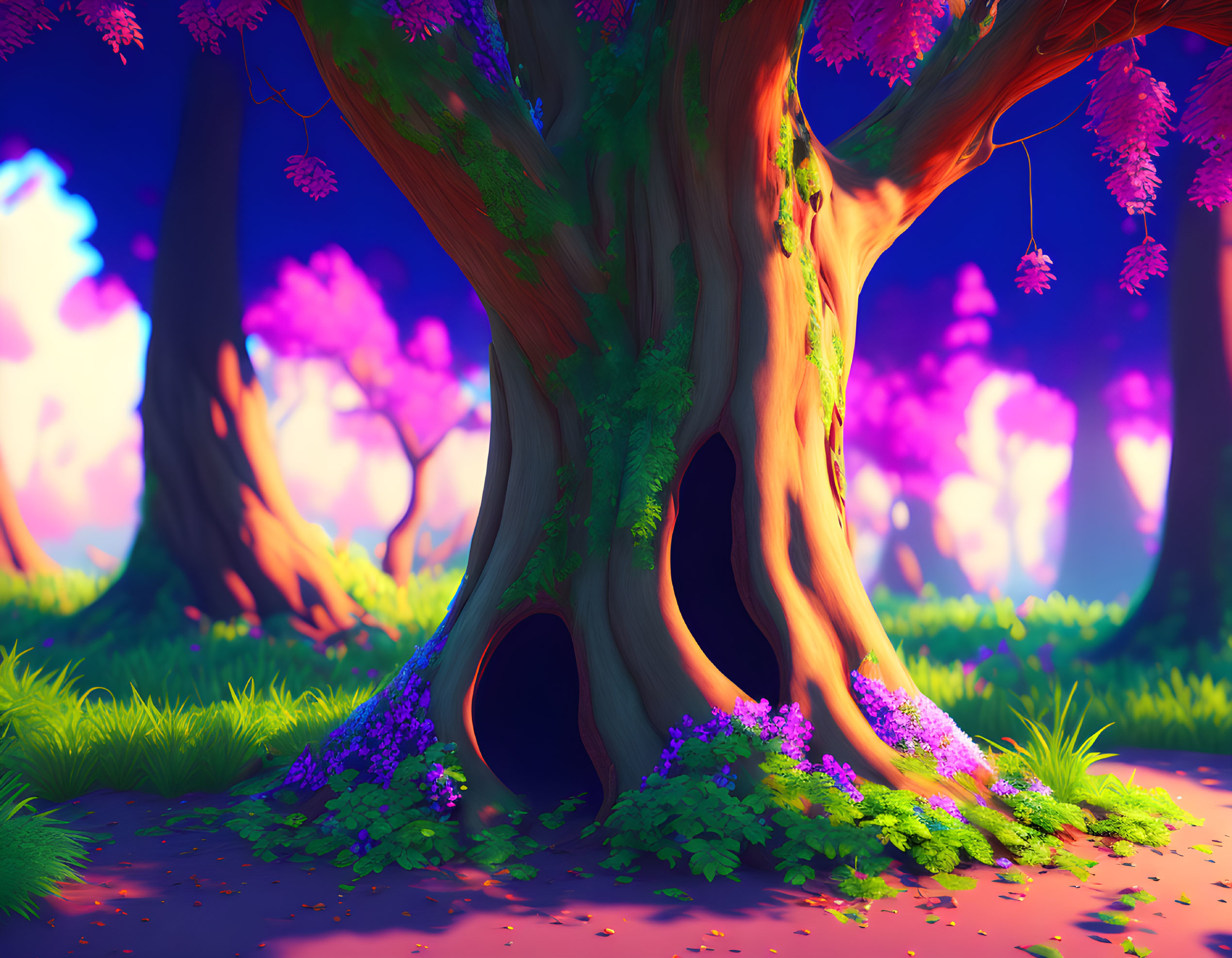 Fantasy forest scene with large hollow tree, purple flowers, pink and blue sky