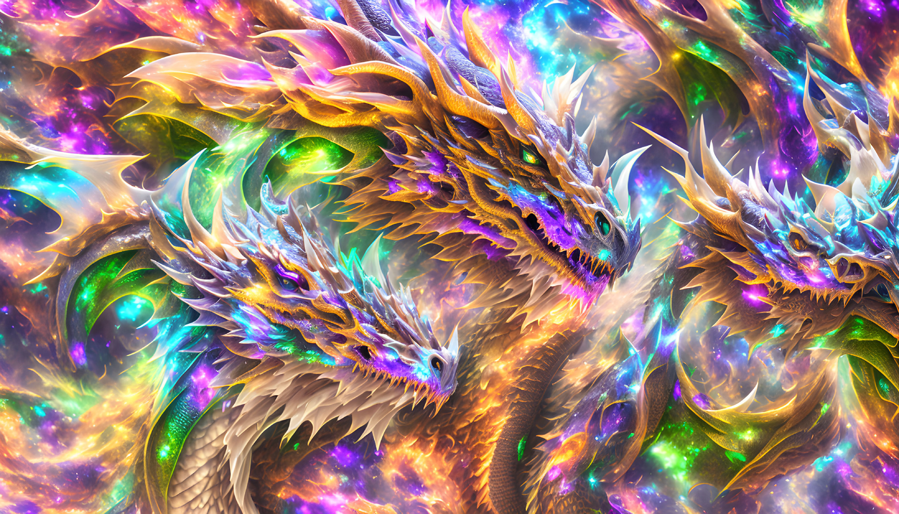 Three Vibrant Dragons with Glowing Eyes in Cosmic Setting