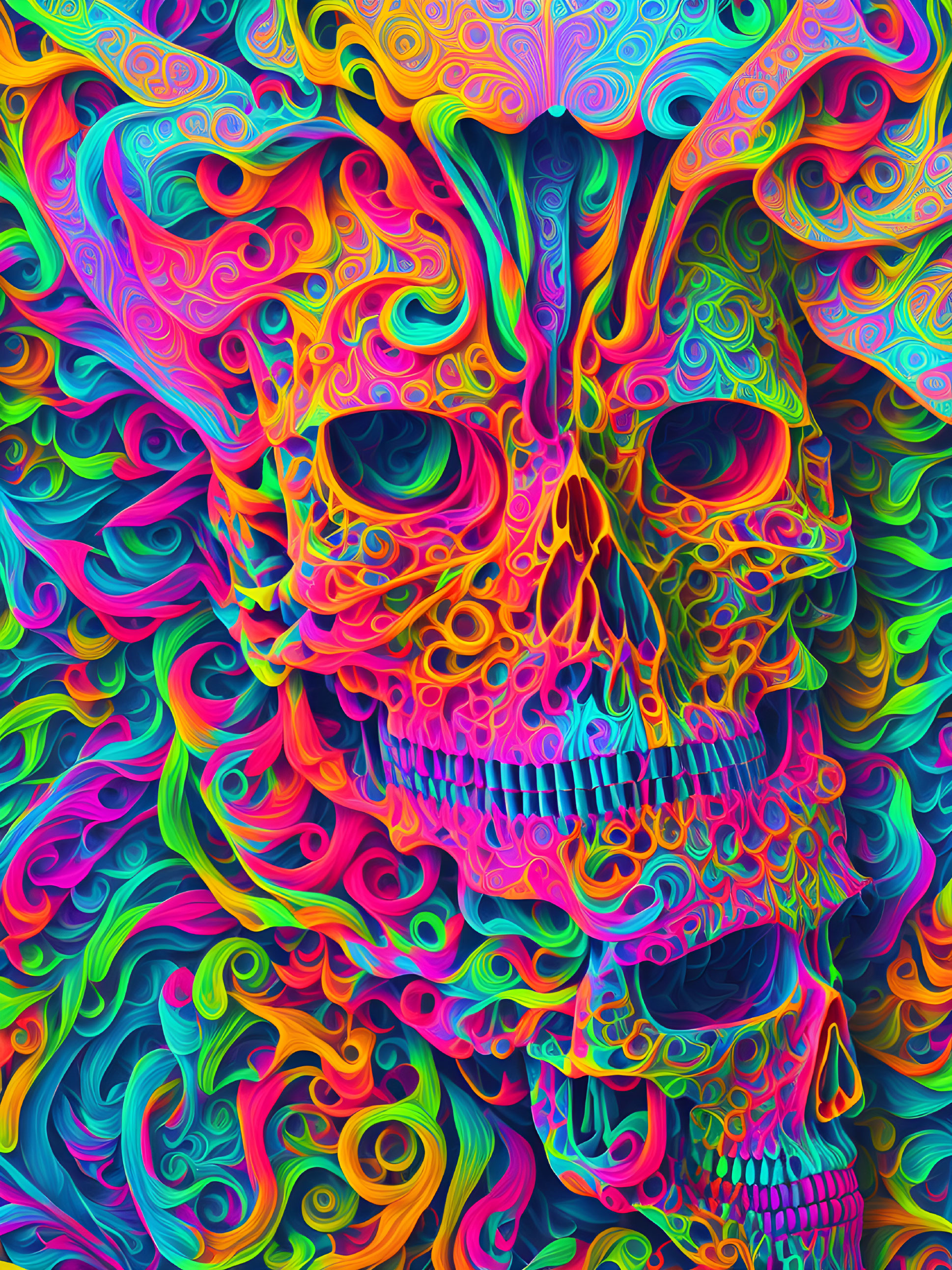 Colorful Psychedelic Skull Artwork on Vibrant Background