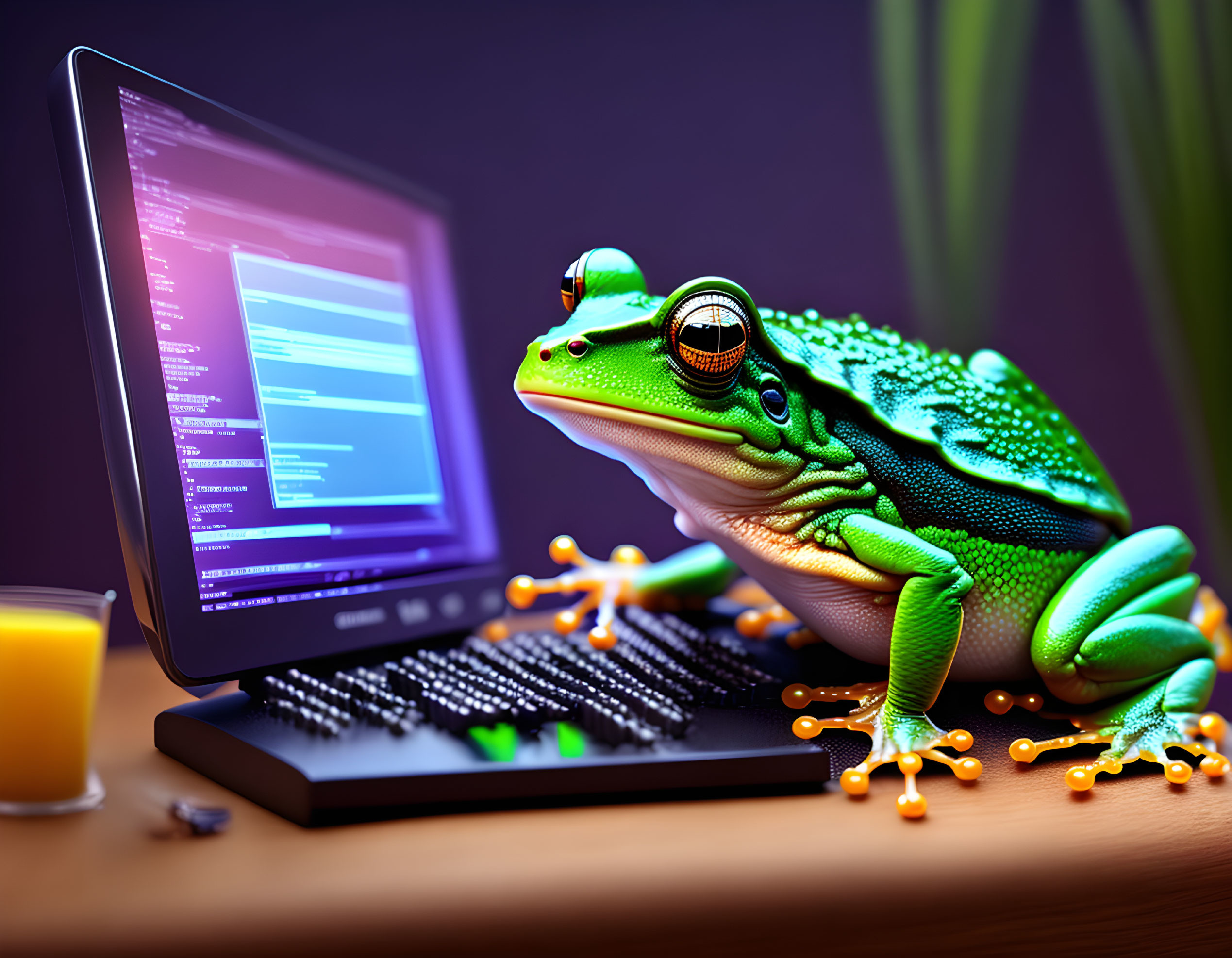 Stylized frog with headphones at computer desk with coding and orange orbs