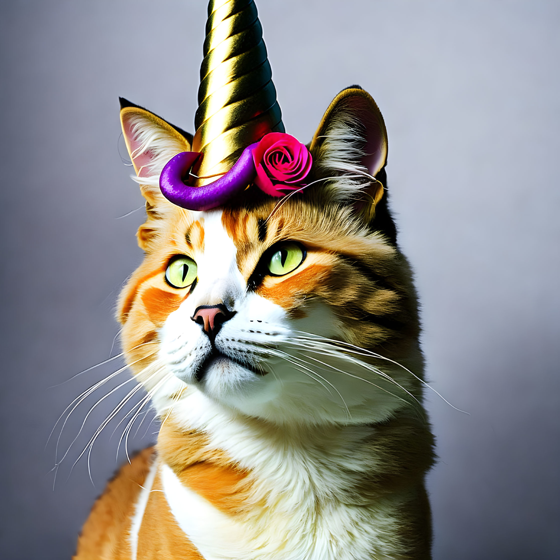 Digitally manipulated photo of orange and white cat with unicorn horn and purple rose