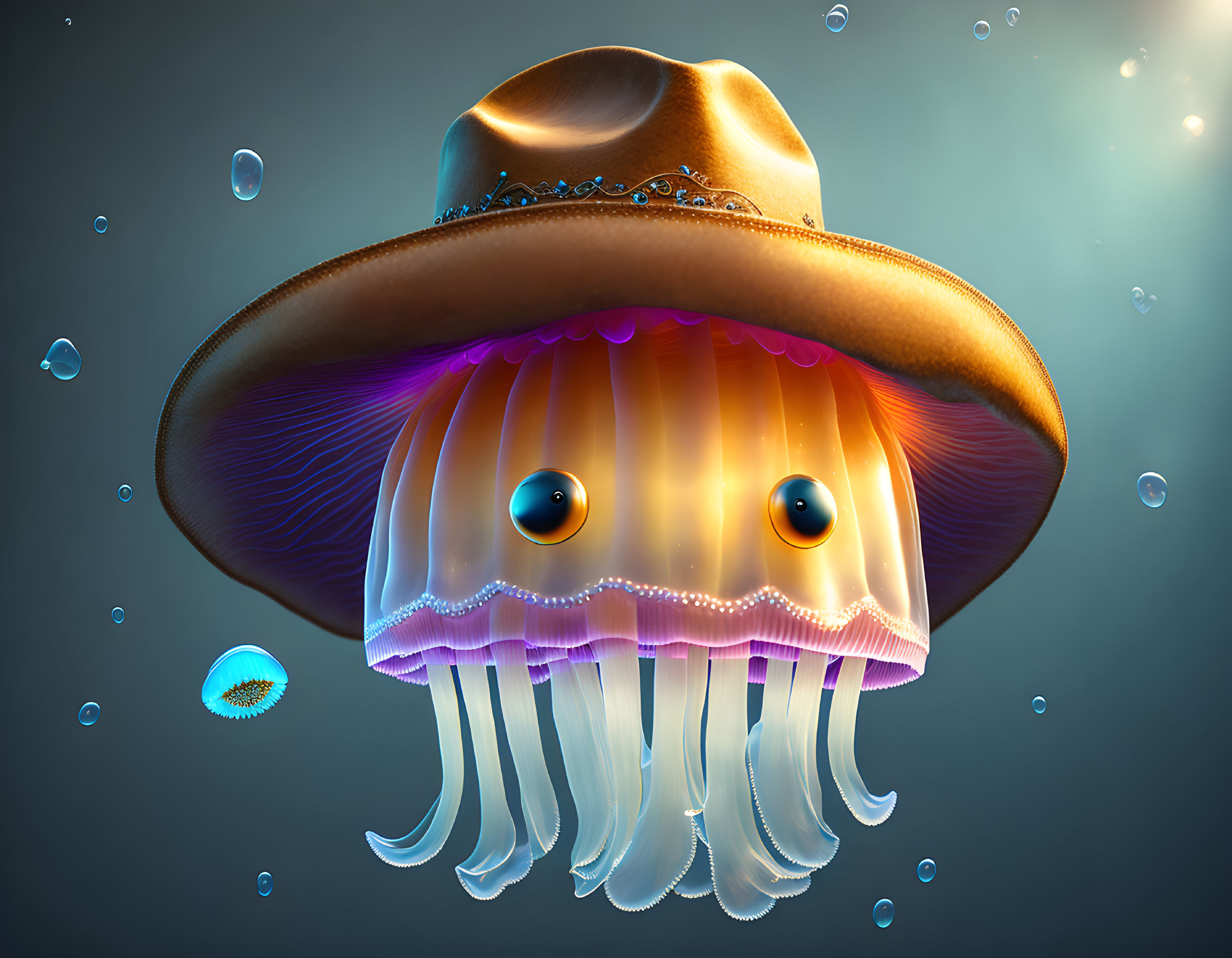 Cartoonish jellyfish with cowboy hat on blue background