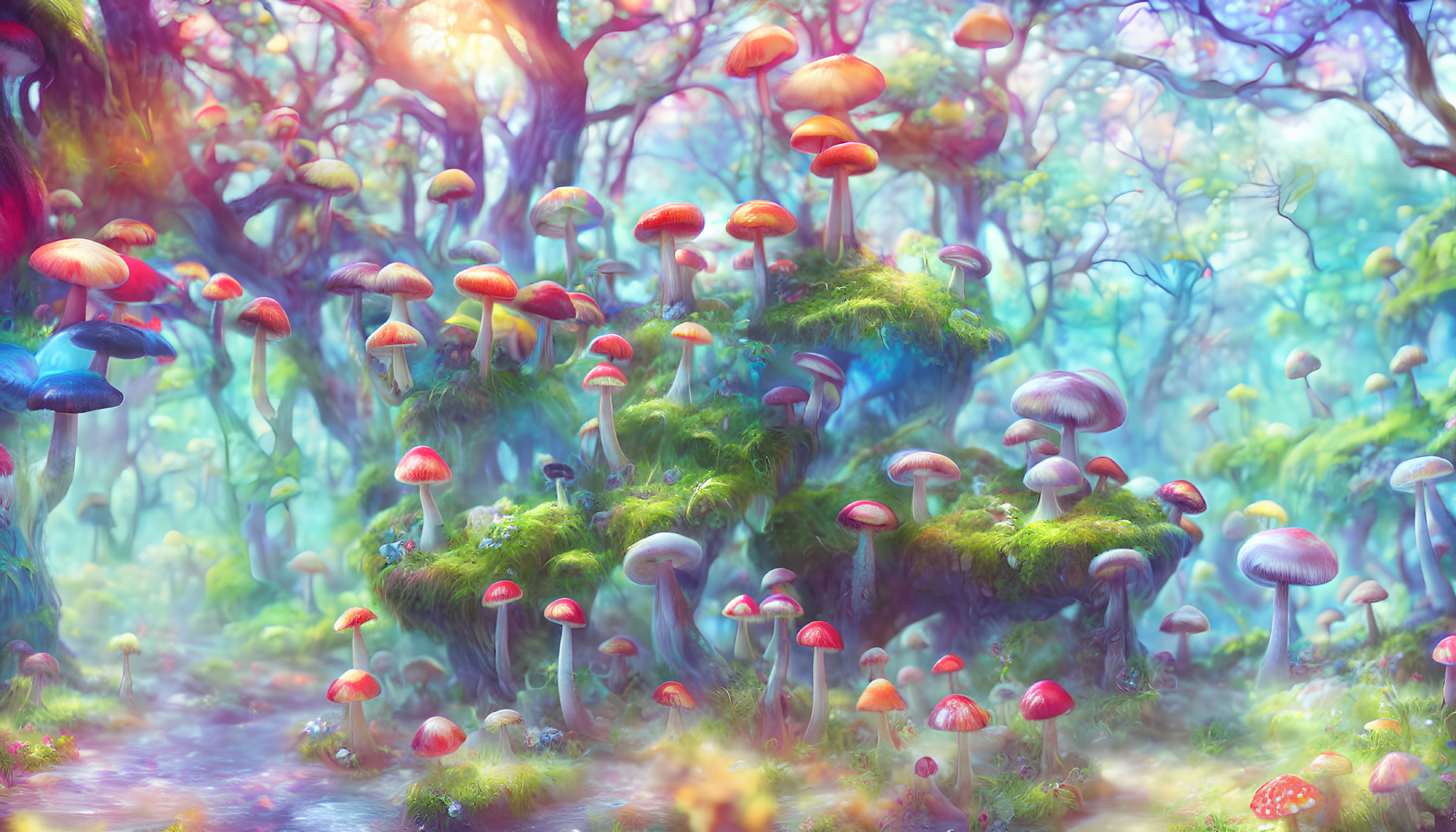 Colorful Oversized Mushroom Forest in Soft Magical Light