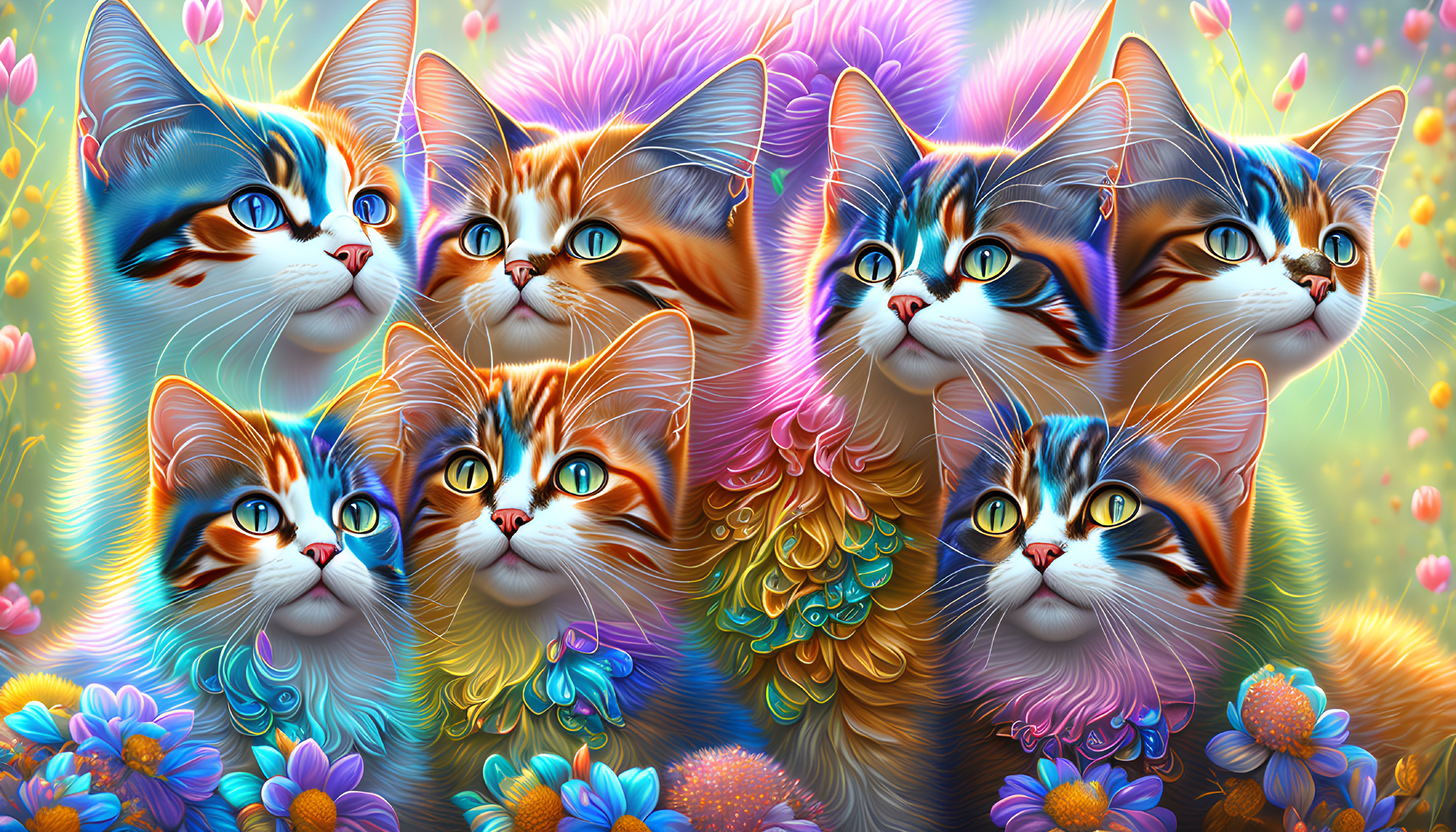 Colorful Digital Artwork: Seven Whimsical Cats Among Flowers