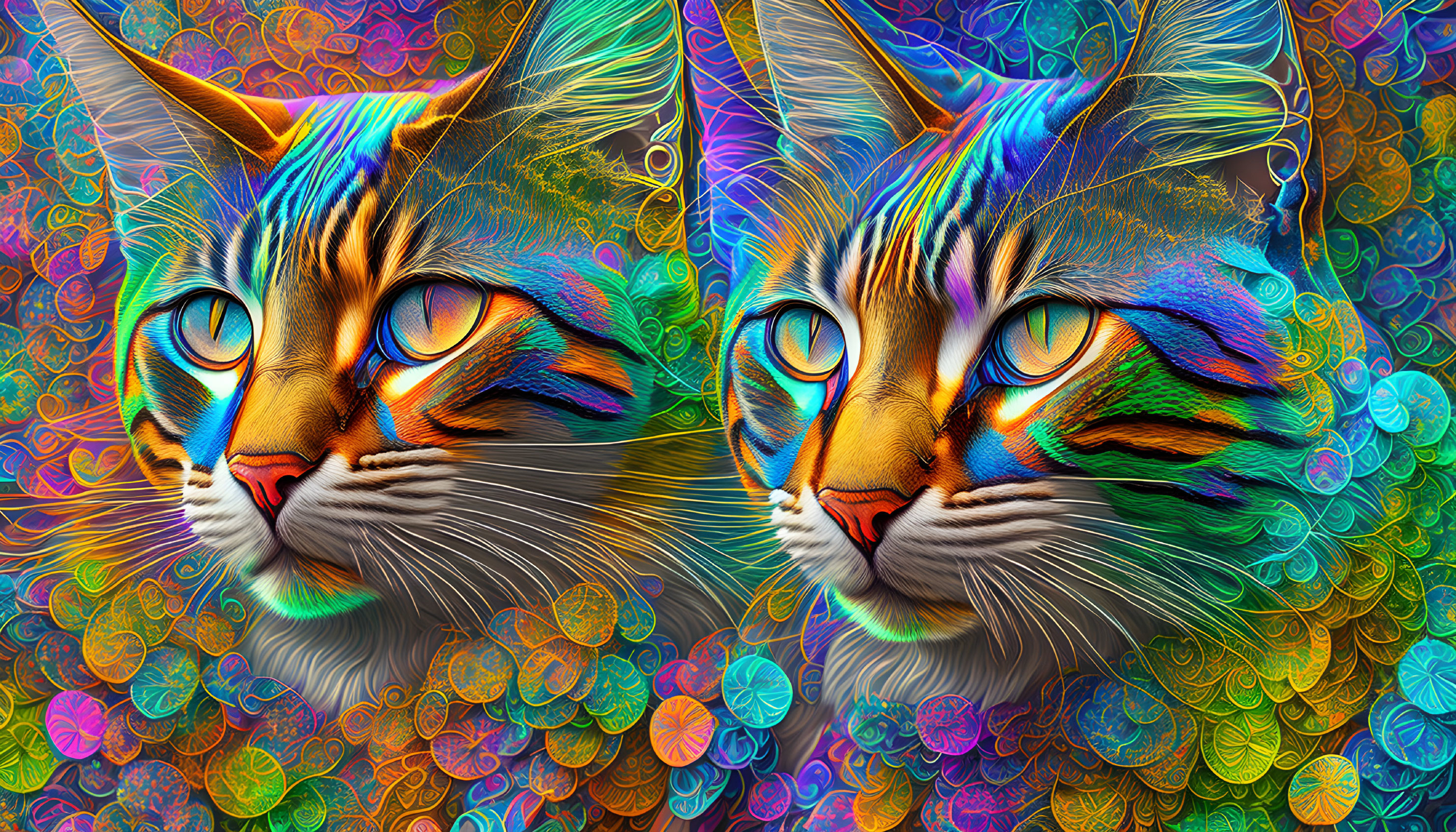 Colorful digital art: Two cats with multicolored fur on psychedelic backdrop