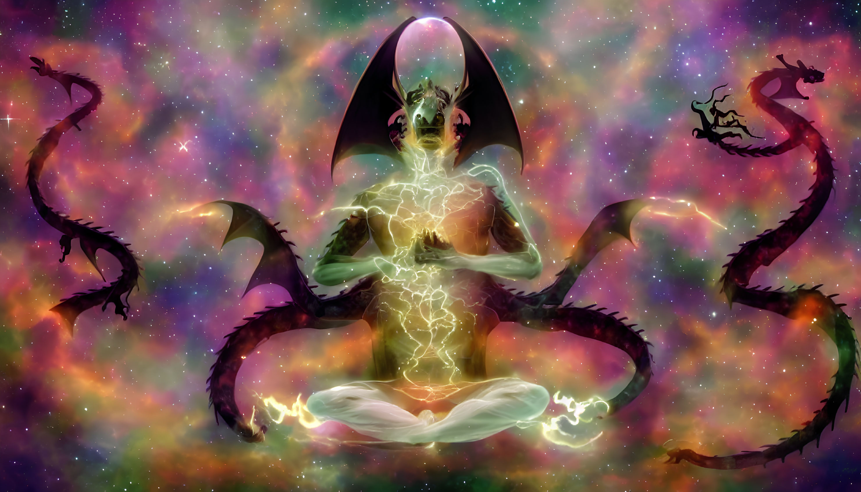 Mystical humanoid meditates among serpentine dragons in cosmic scene