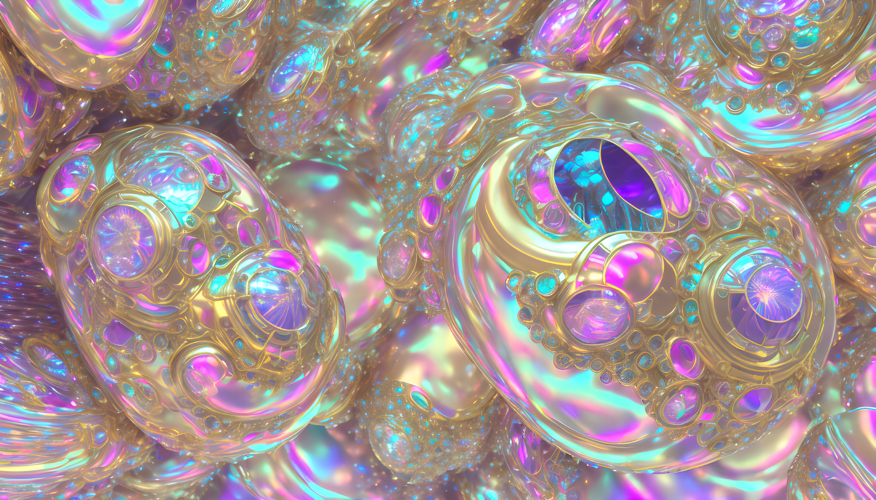 Colorful digital artwork of shiny metallic spheres with iridescent textures