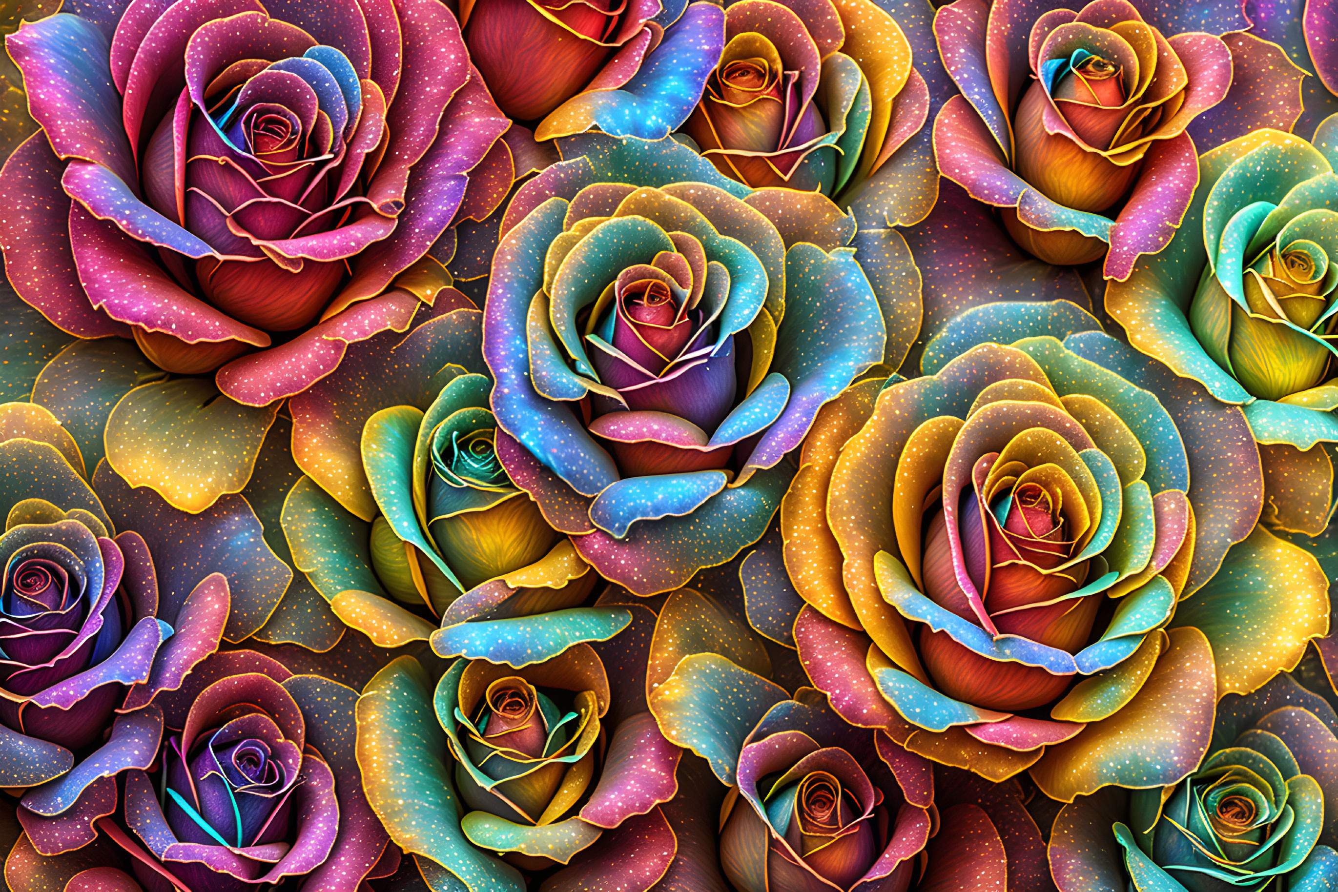 Multicolored cosmic roses on dark textured background