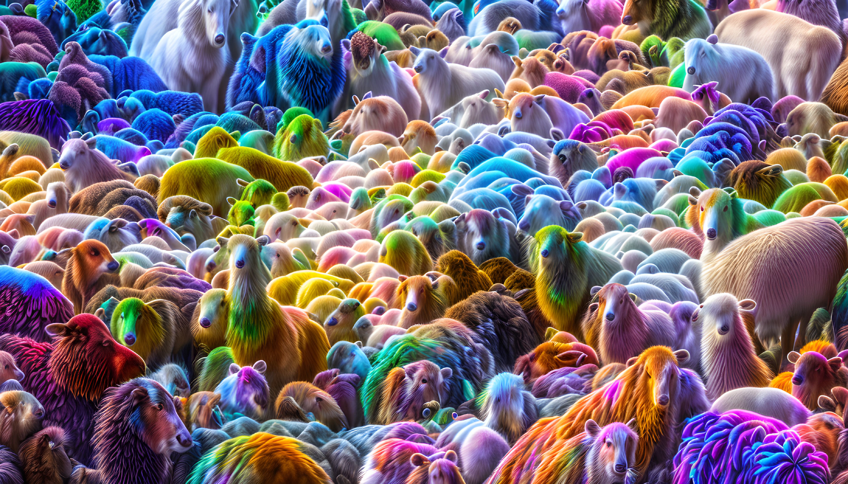 Vibrantly Rainbow-Colored Sheep Herd in Dense Formation